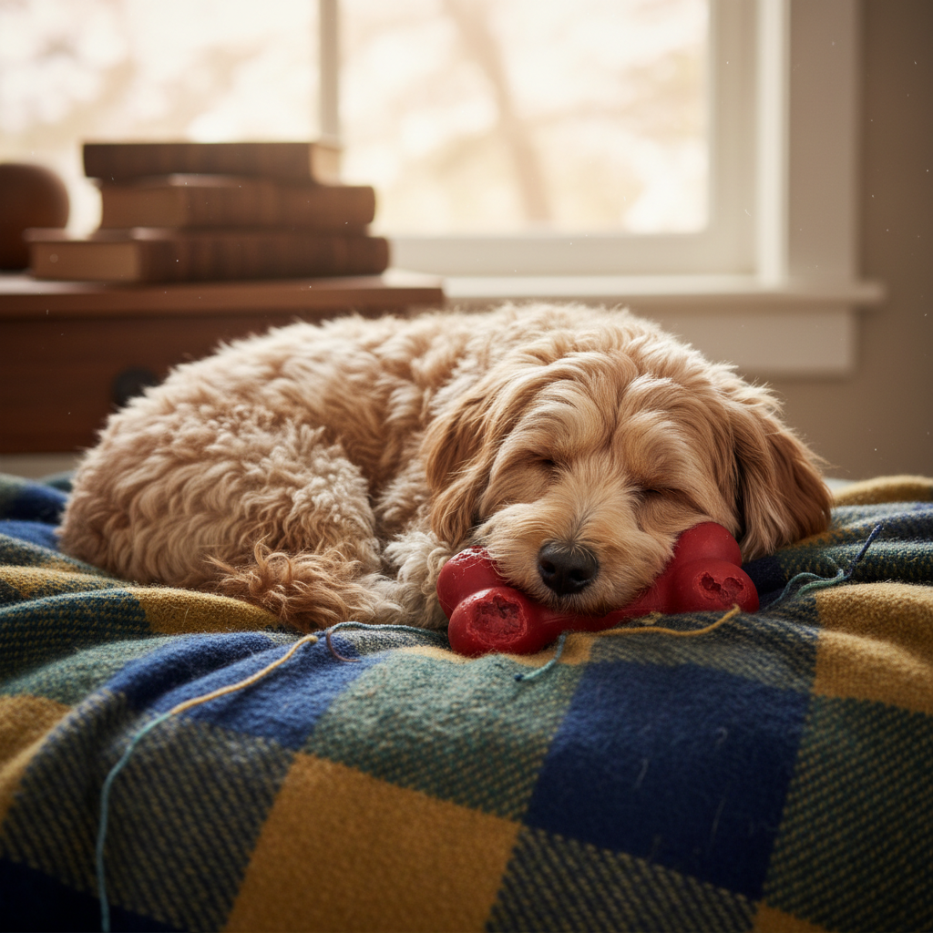 A small dog curled up on a familiar blanket with a favorite toy