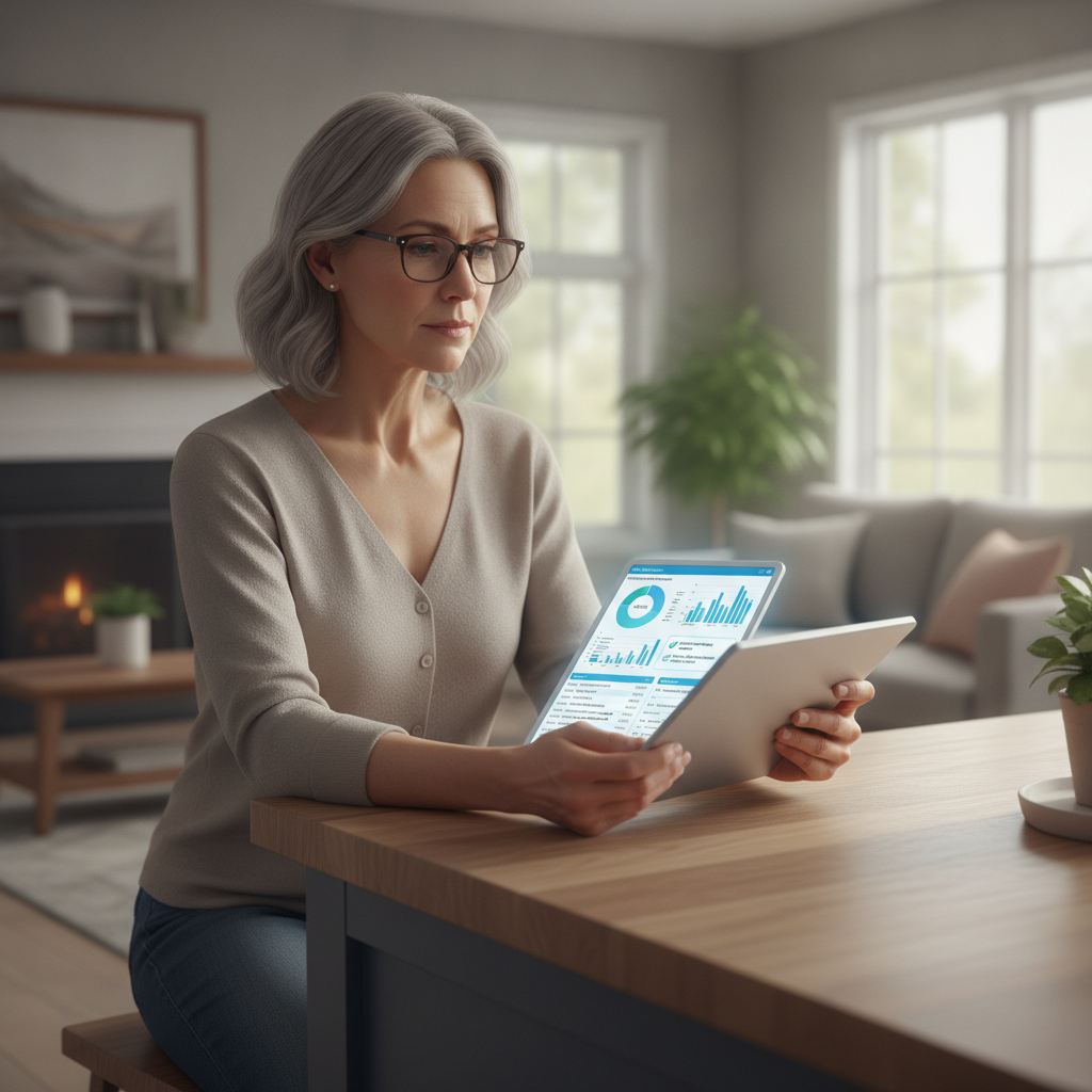 A homeowner reviewing an AI-generated maintenance dashboard on a tablet with charts and categorized expense lists