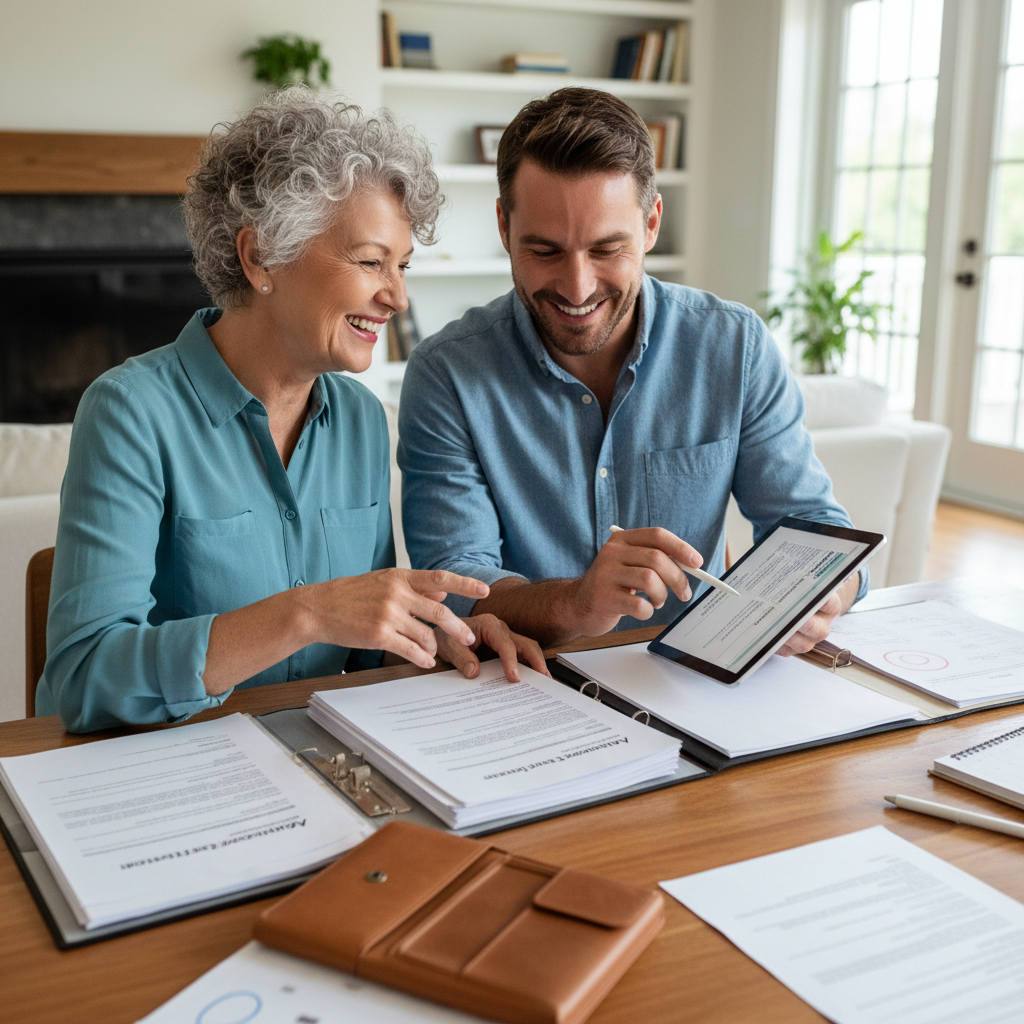 A friendly senior and adult child reviewing a tablet together, smiling as they prepare documents for an appointment