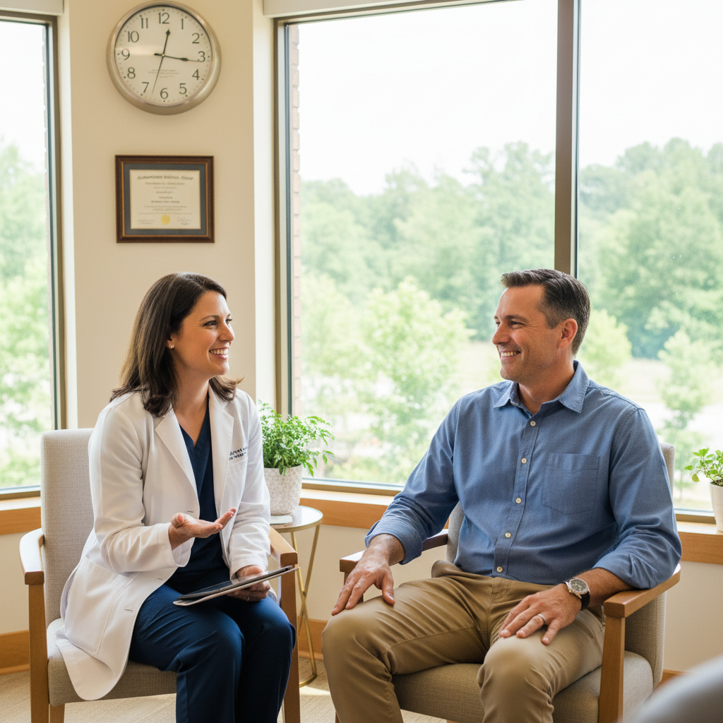 A patient having a relaxed, attentive conversation with a primary care doctor in a bright Alpharetta medical office