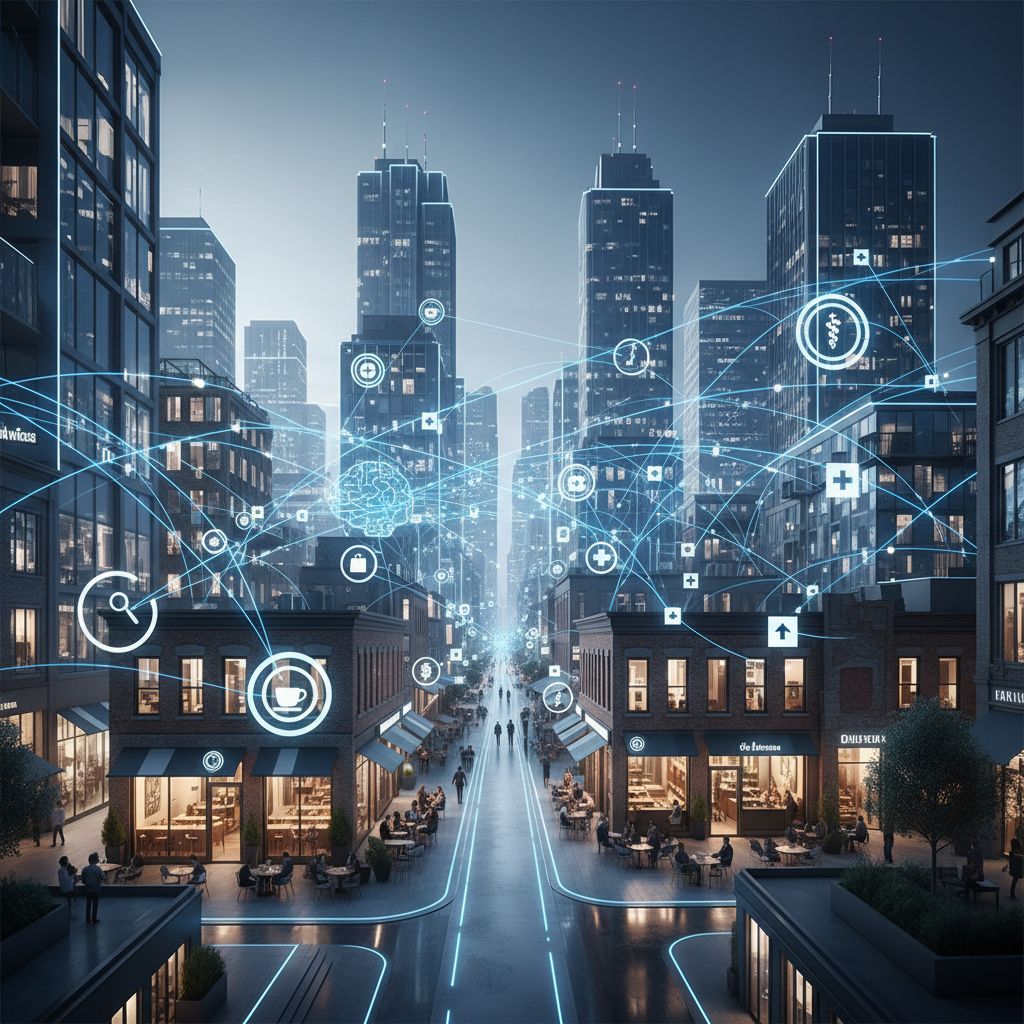 Premium-quality 16:9 editorial cover image showing a modern city filled with thriving cafés, shops, clinics, and professional services connected by elegant AI-powered data networks and glowing location markers; realistic photography, cinematic lighting, sophisticated blue and white tones, subtle visual cues of trust and intelligent discovery, polished technology-brand aesthetic, no text, logos, or watermarks
