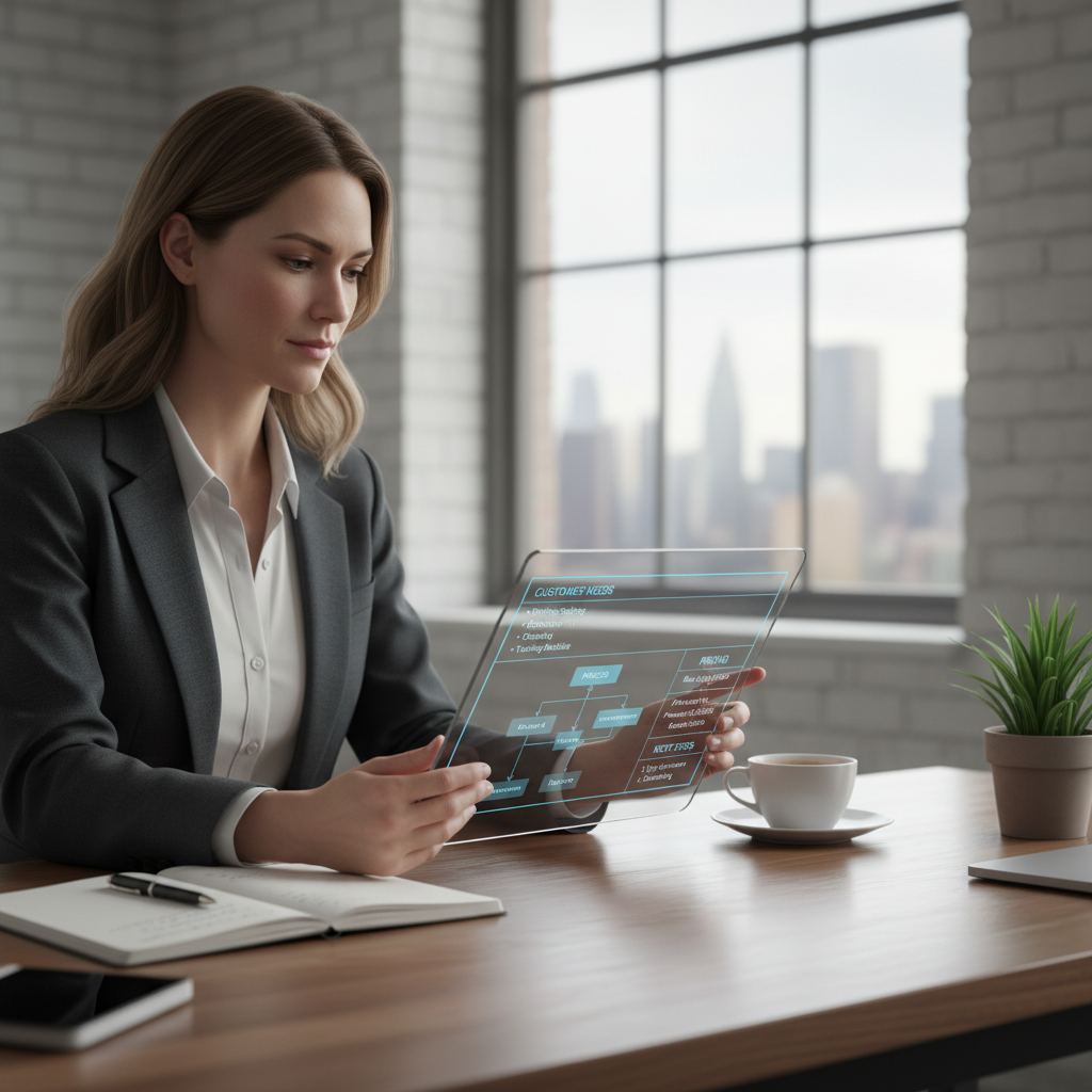 A business owner reviewing a clear service description organized into customer needs, deliverables, process, pricing, and next steps
