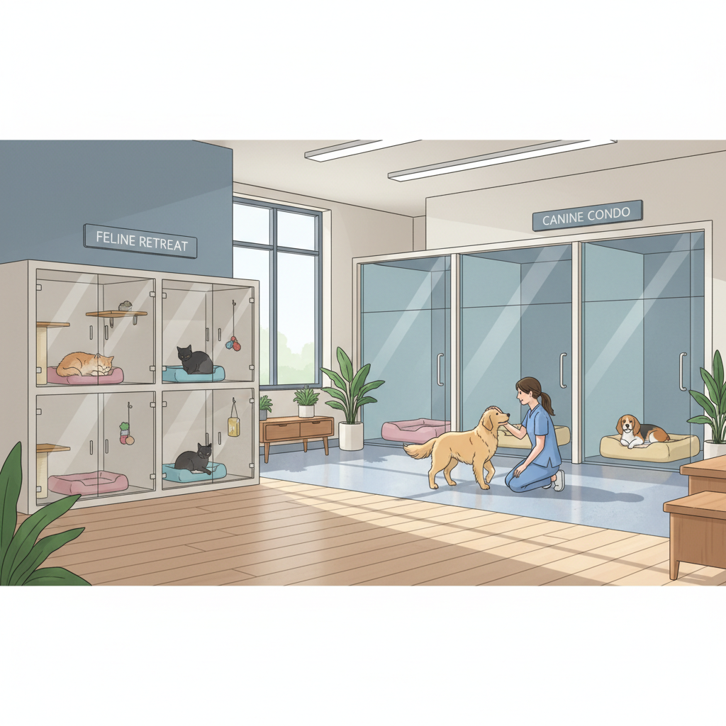 A calm, clean pet boarding area with separate dog and cat accommodations and a caregiver interacting gently with a dog
