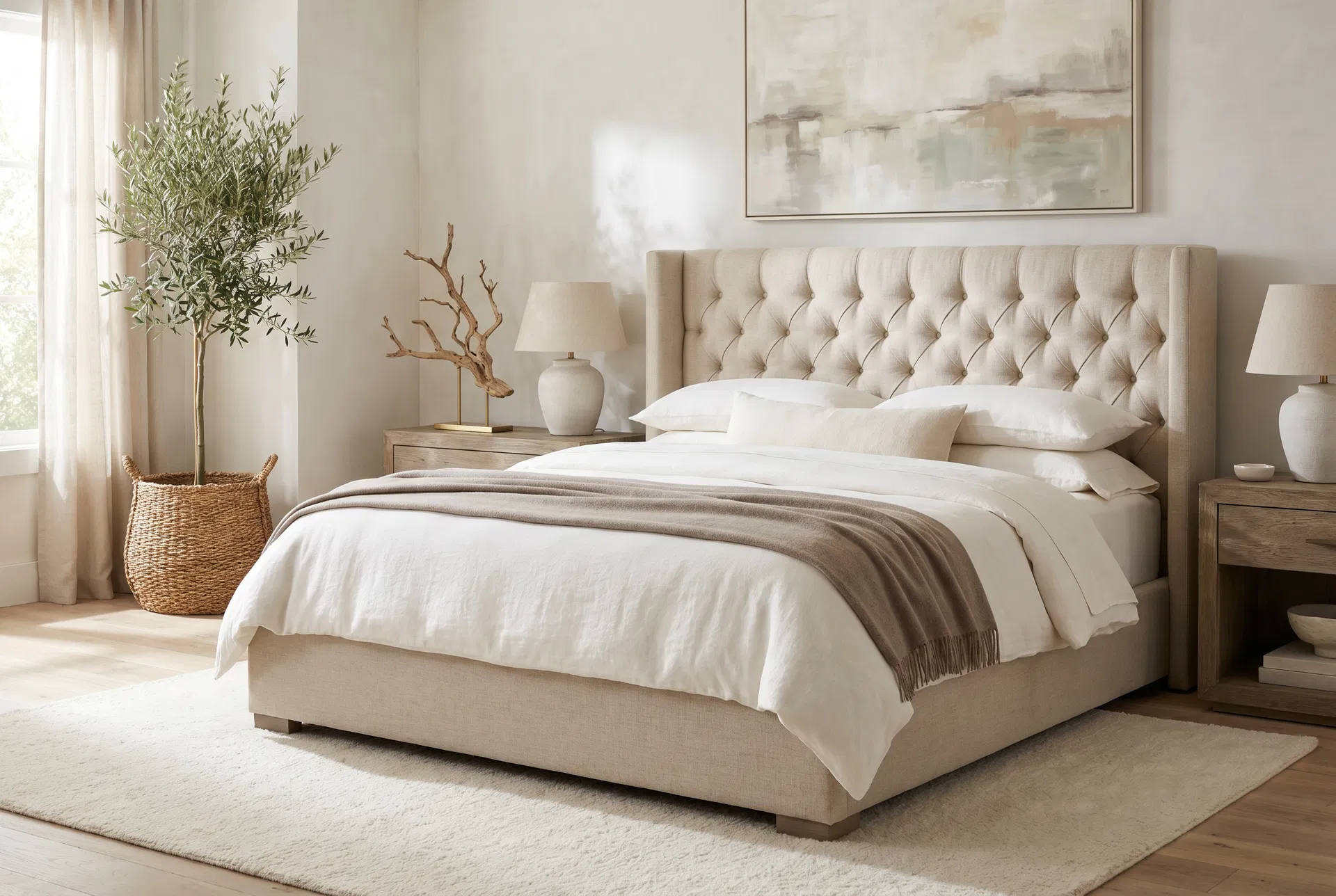 Serene master bedroom with linen bedding, natural wood headboard, and warm ambient lighting by Driftwood Studio