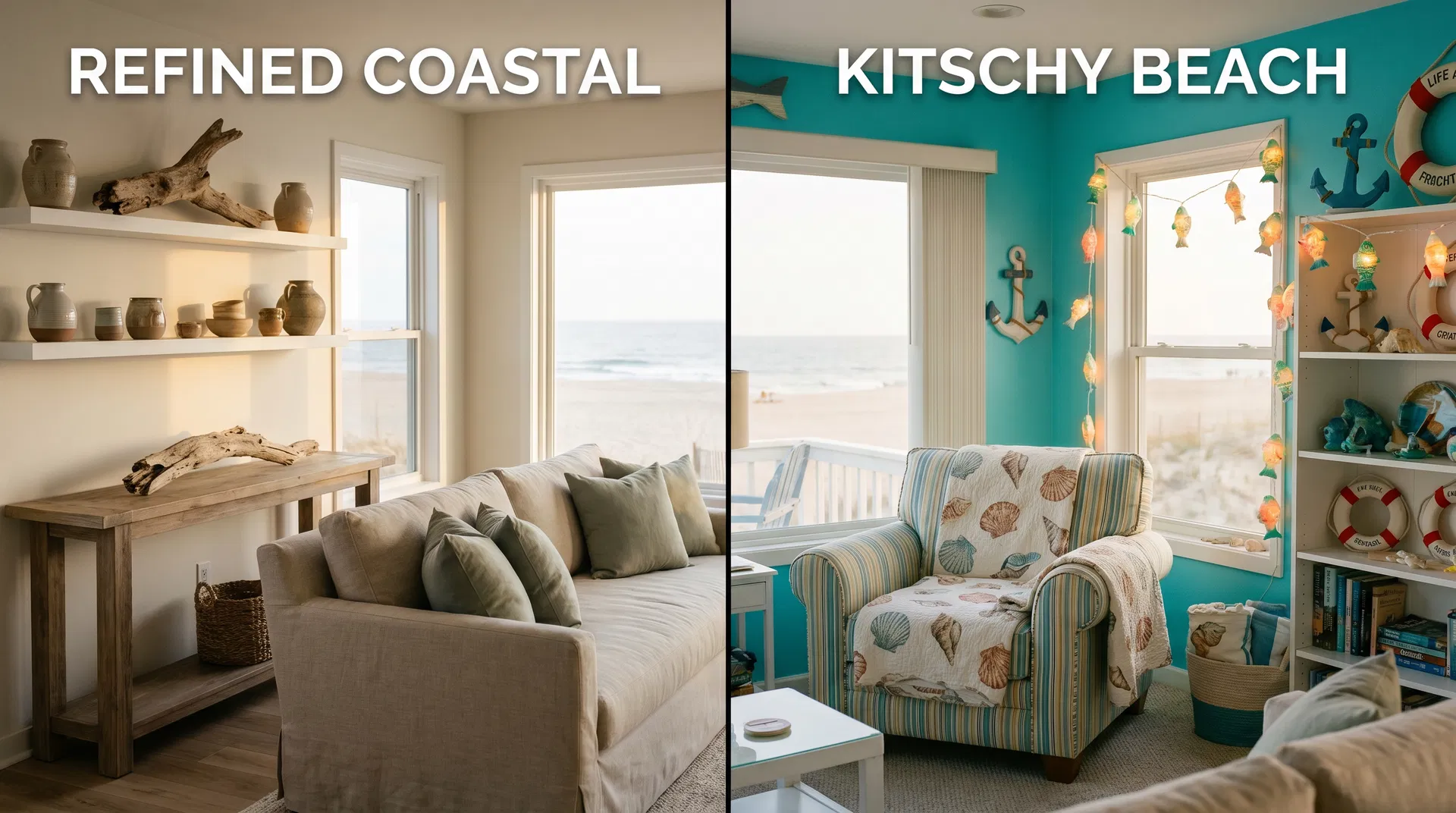 Side by side comparison of refined coastal interior design versus kitschy beach decor