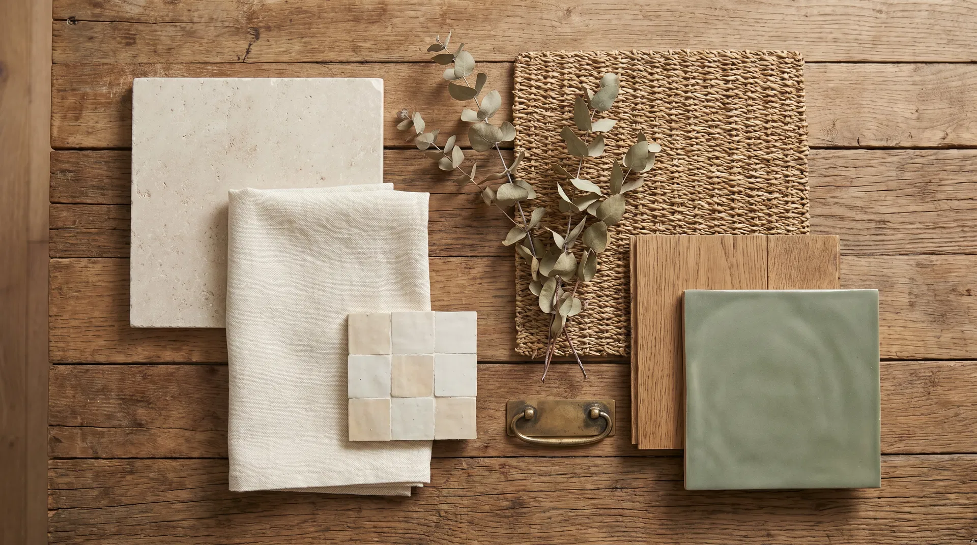 Natural material samples including stone, linen, wood, and brass on a reclaimed wood surface