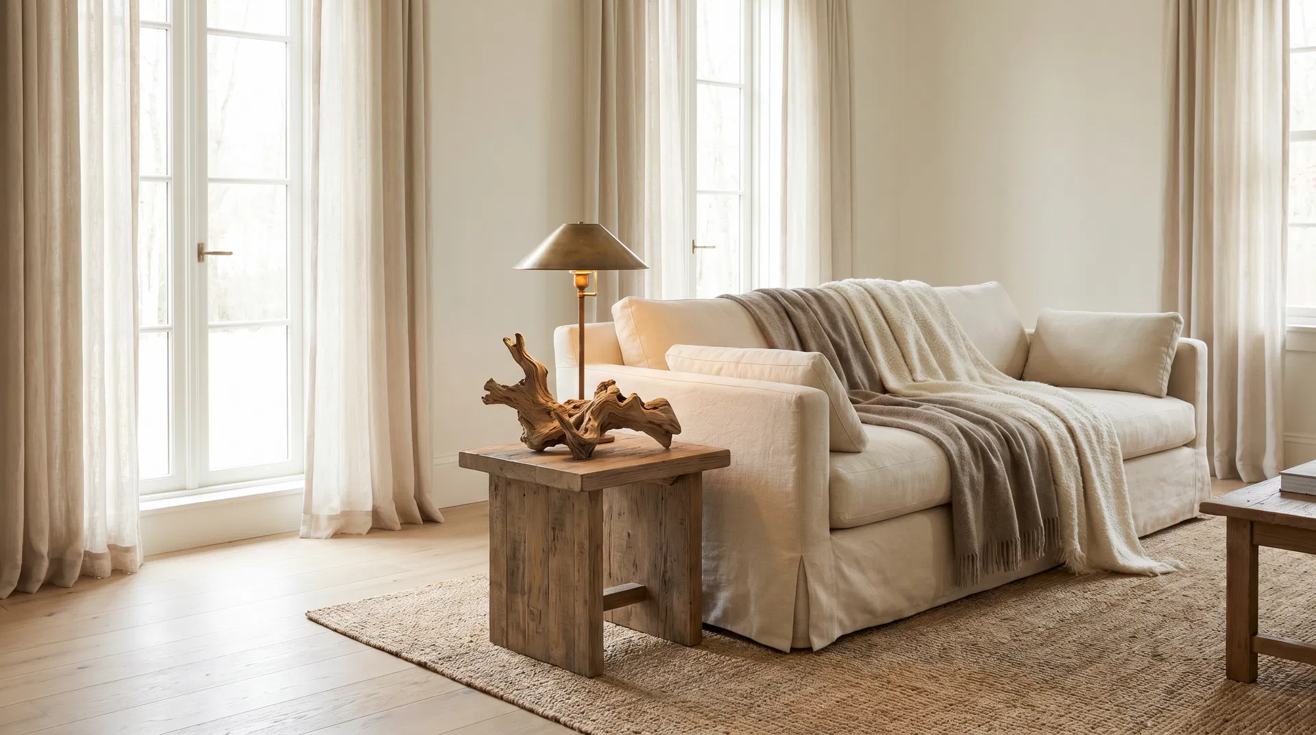 Serene living room with neutral palette featuring Belgian linen sofa and driftwood accents