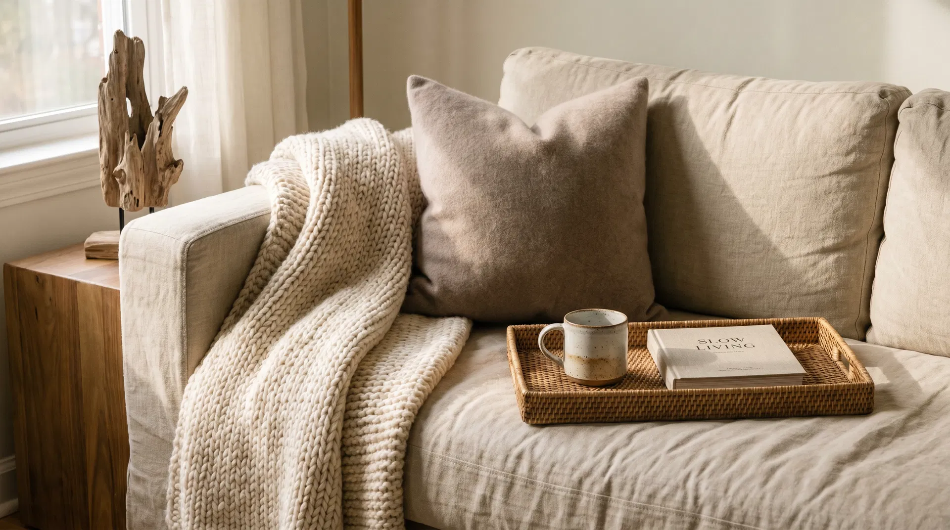 Beautifully layered textures including knit throw, linen pillow, and rattan tray on a sofa