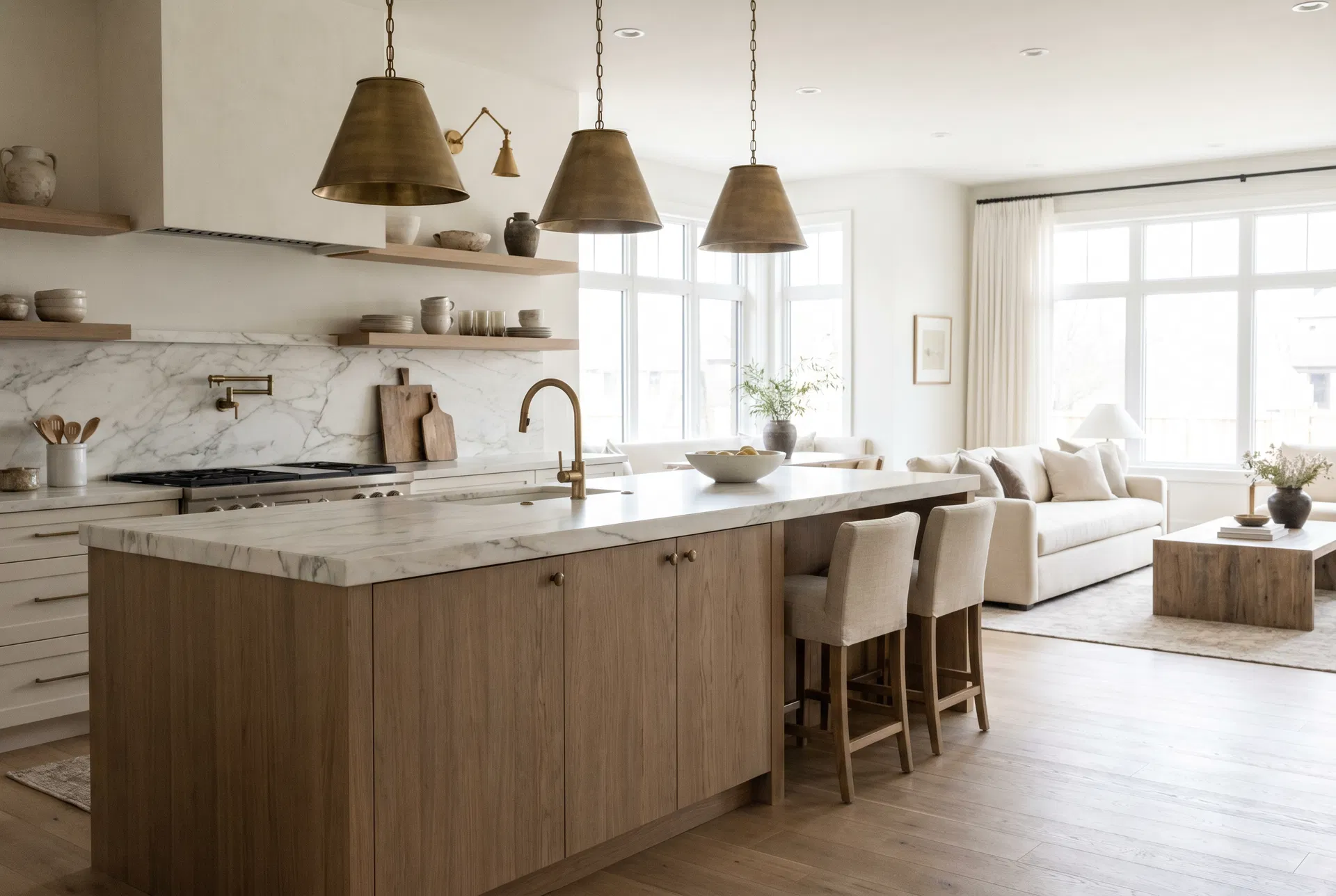 Custom-feeling kitchen and living area in a new construction home with warm oak and brass accents