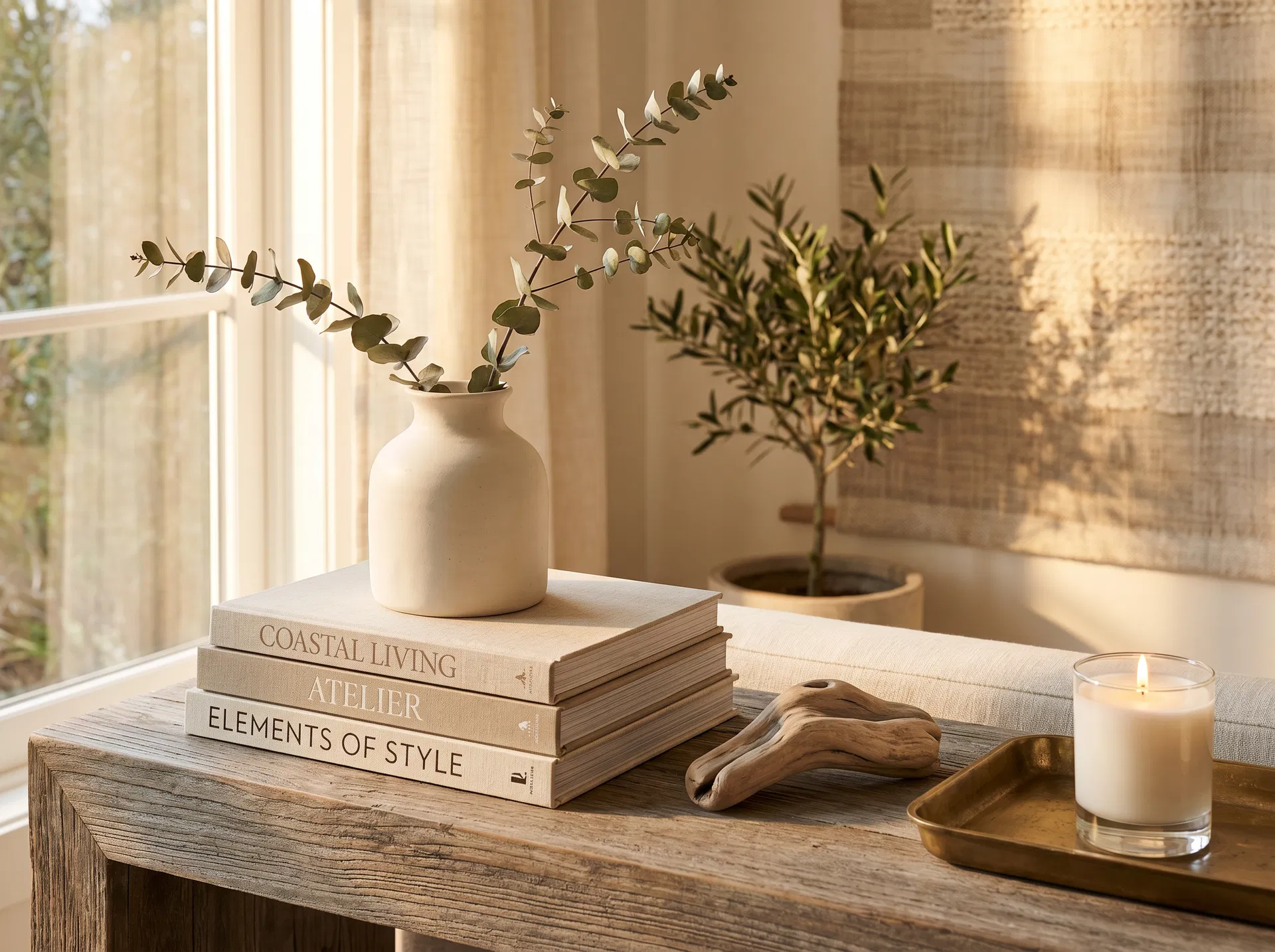 Layered neutral fabric textures and natural materials used in Driftwood Studio interior designs