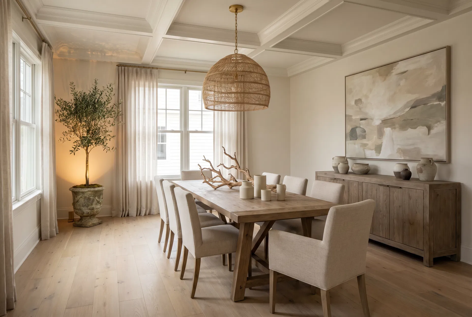 Refined dining room with natural wood table, linen chairs, and woven pendant light designed by Driftwood Studio