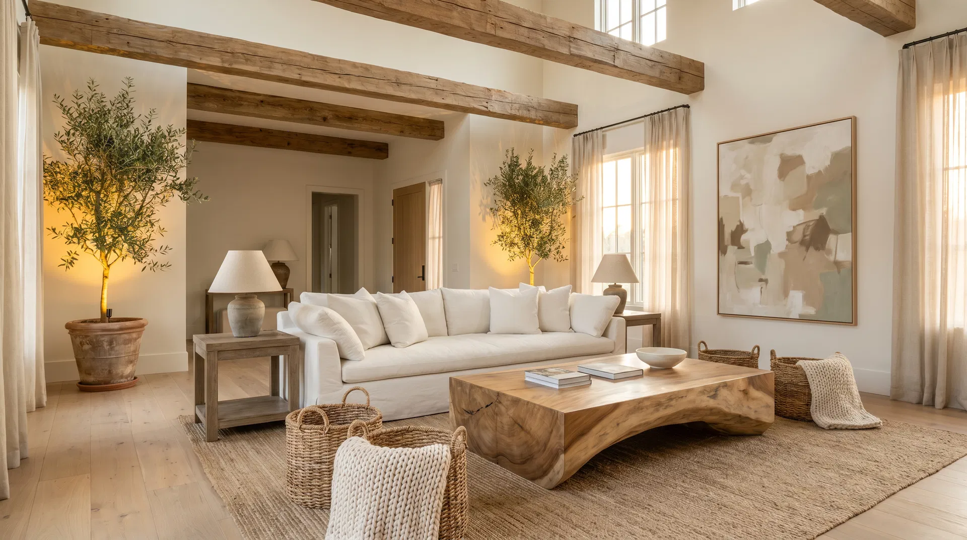 Elegant coastal-inspired living room designed by Driftwood Studio featuring soft neutrals, linen textures, and natural light