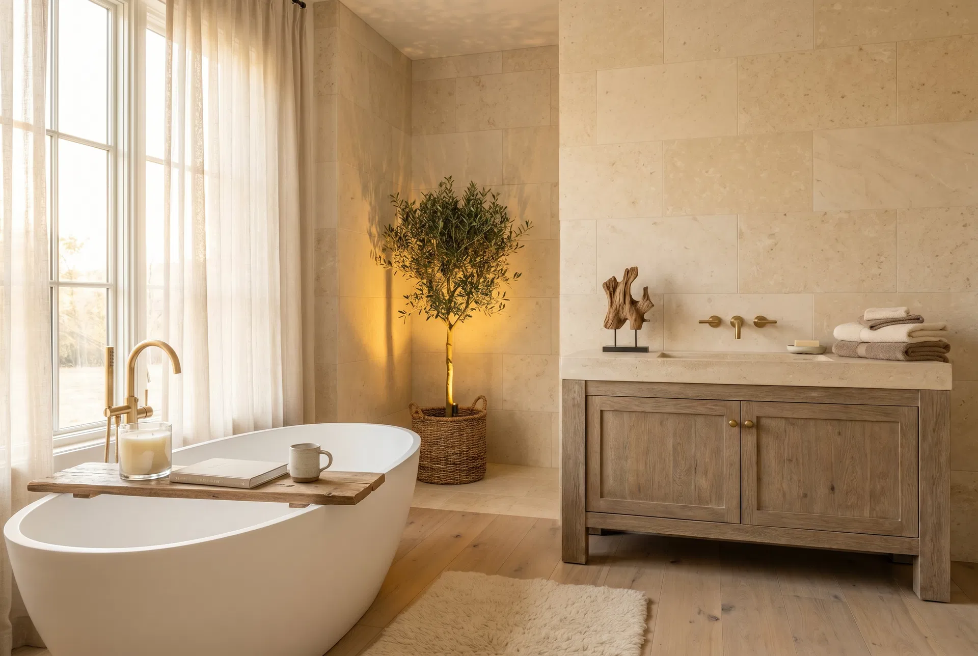 Spa-like bathroom with freestanding tub, honed limestone walls, and weathered oak vanity