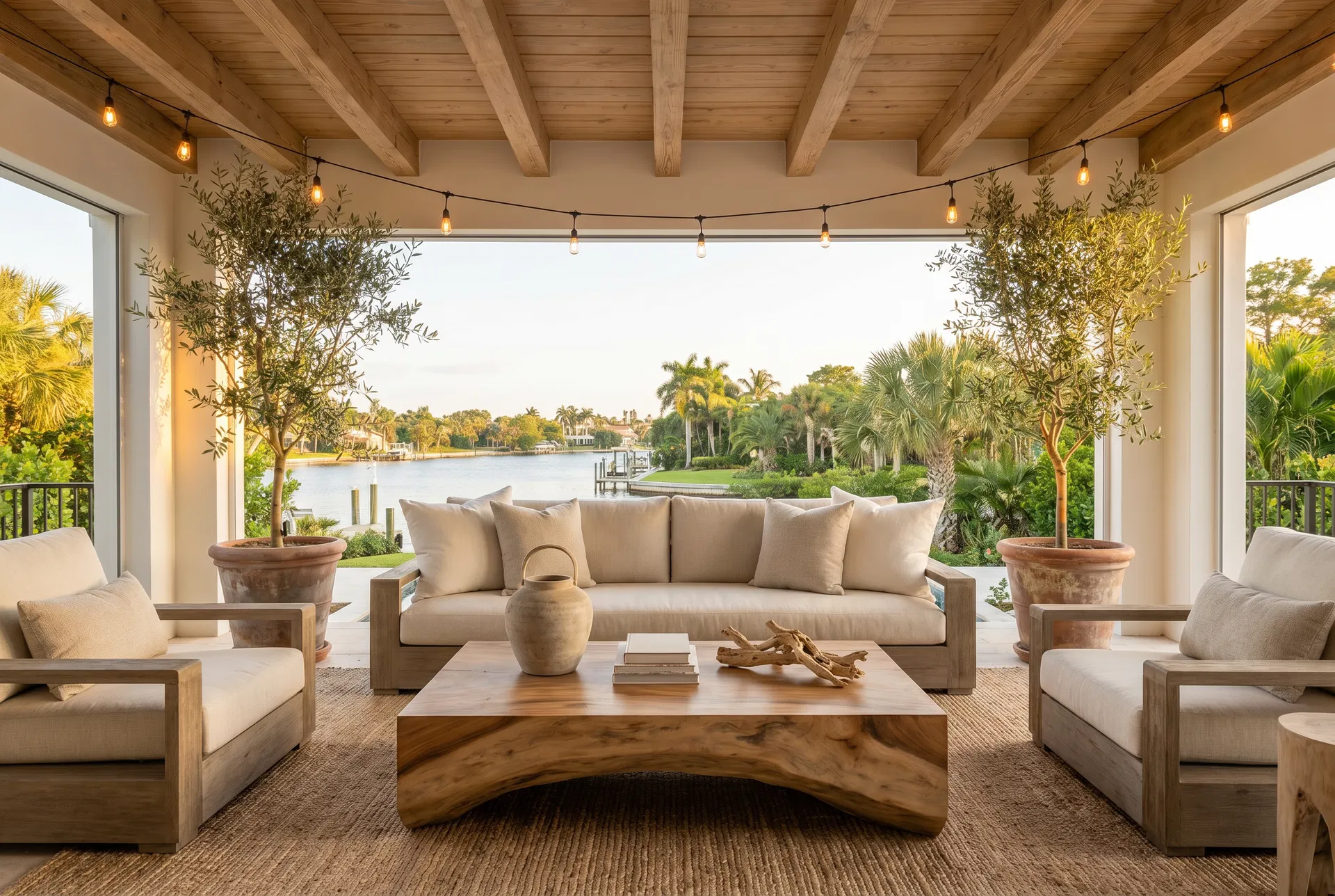 Beautifully designed Florida lanai with teak furniture, driftwood accents, and lush greenery