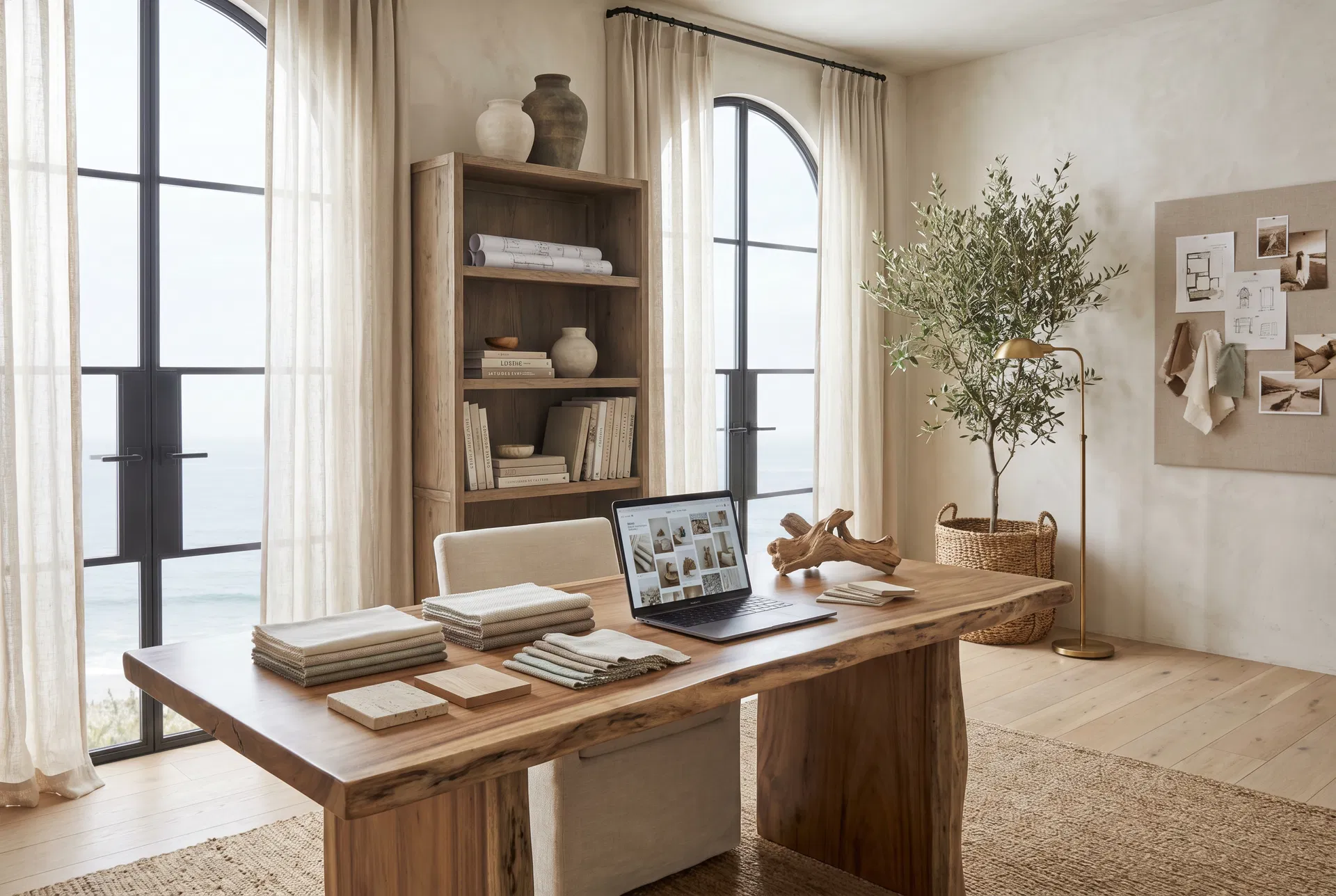 Interior designer workspace with mood board, fabric swatches, and design materials at Driftwood Studio