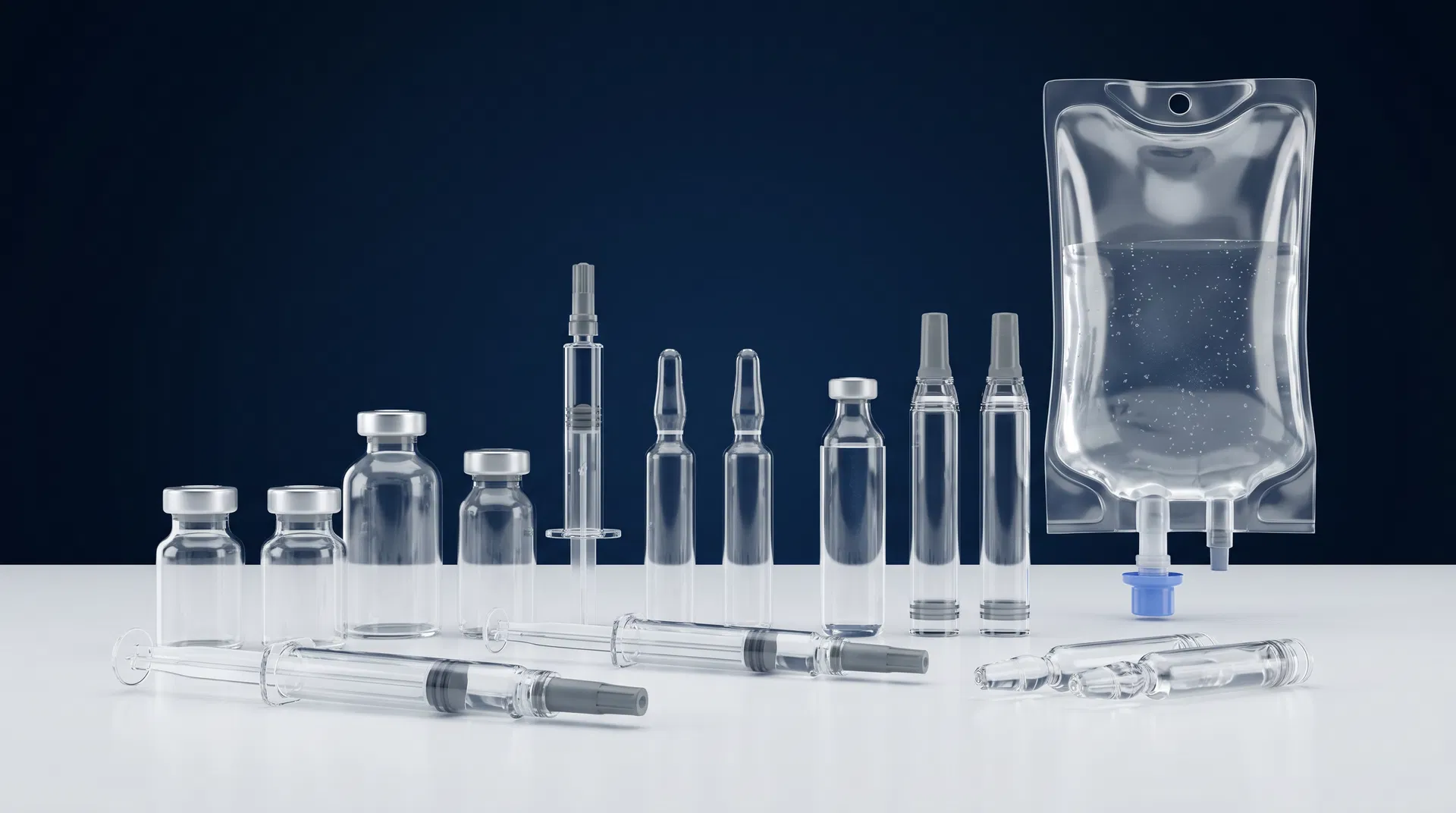 Range of pharmaceutical containers including vials, syringes, cartridges, and IV bags