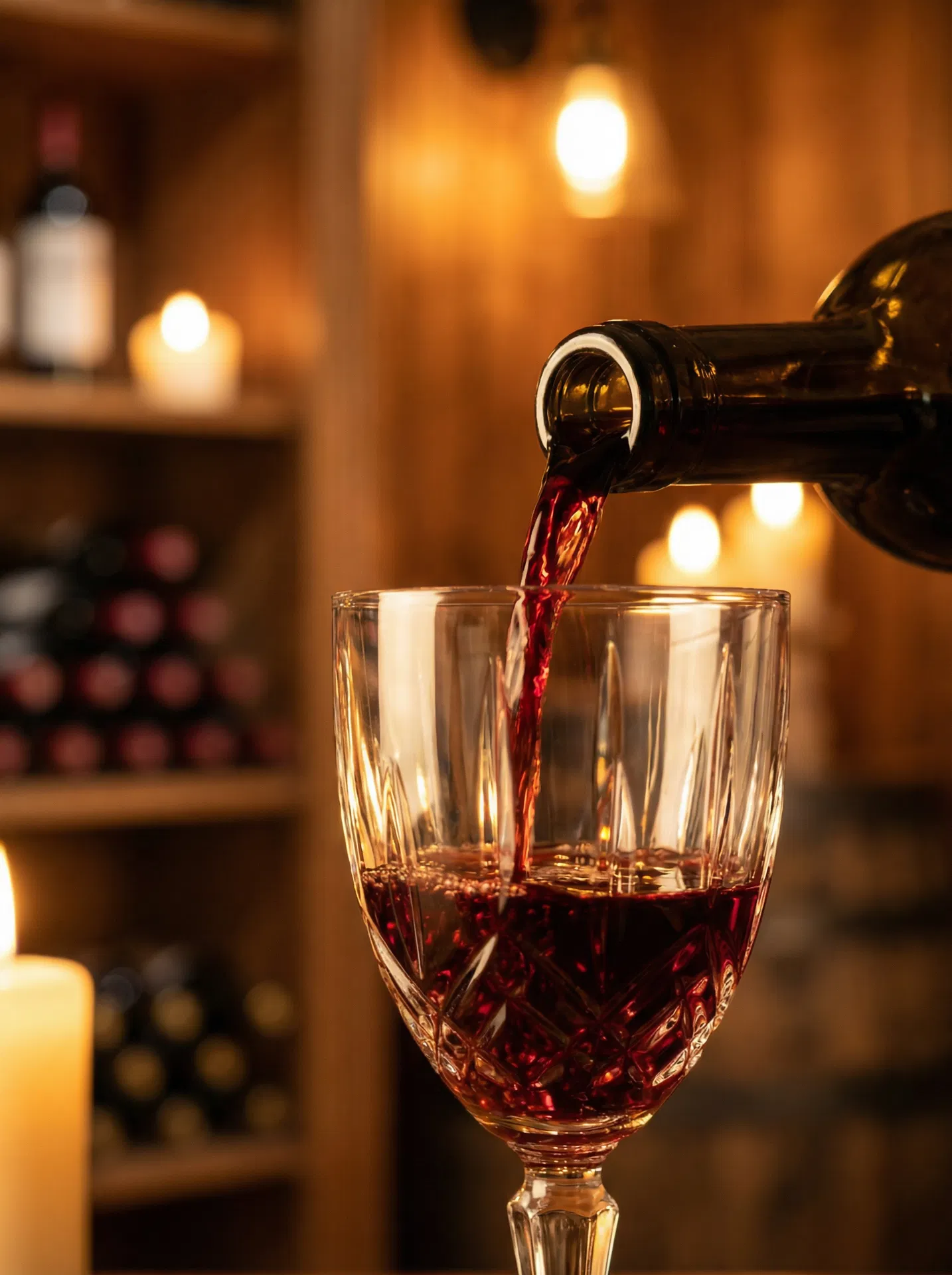 Red wine being poured into a crystal glass in warm cellar lighting
