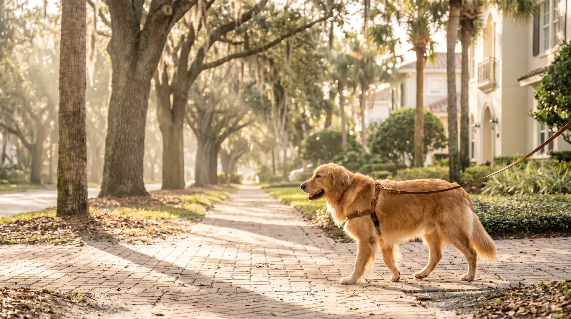 Dog walking on a beautiful Florida path