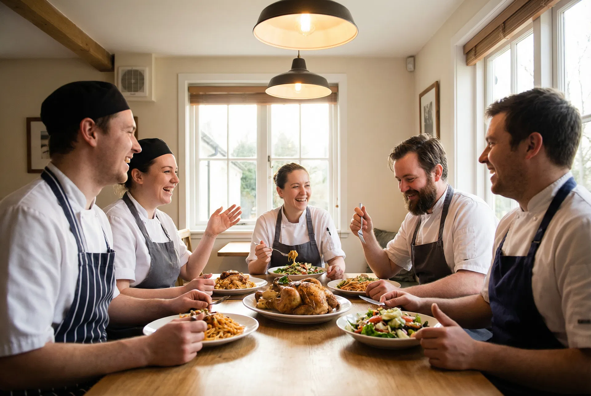 Horecapersoneel eet samen een verse staff meal in restaurant Haarlem