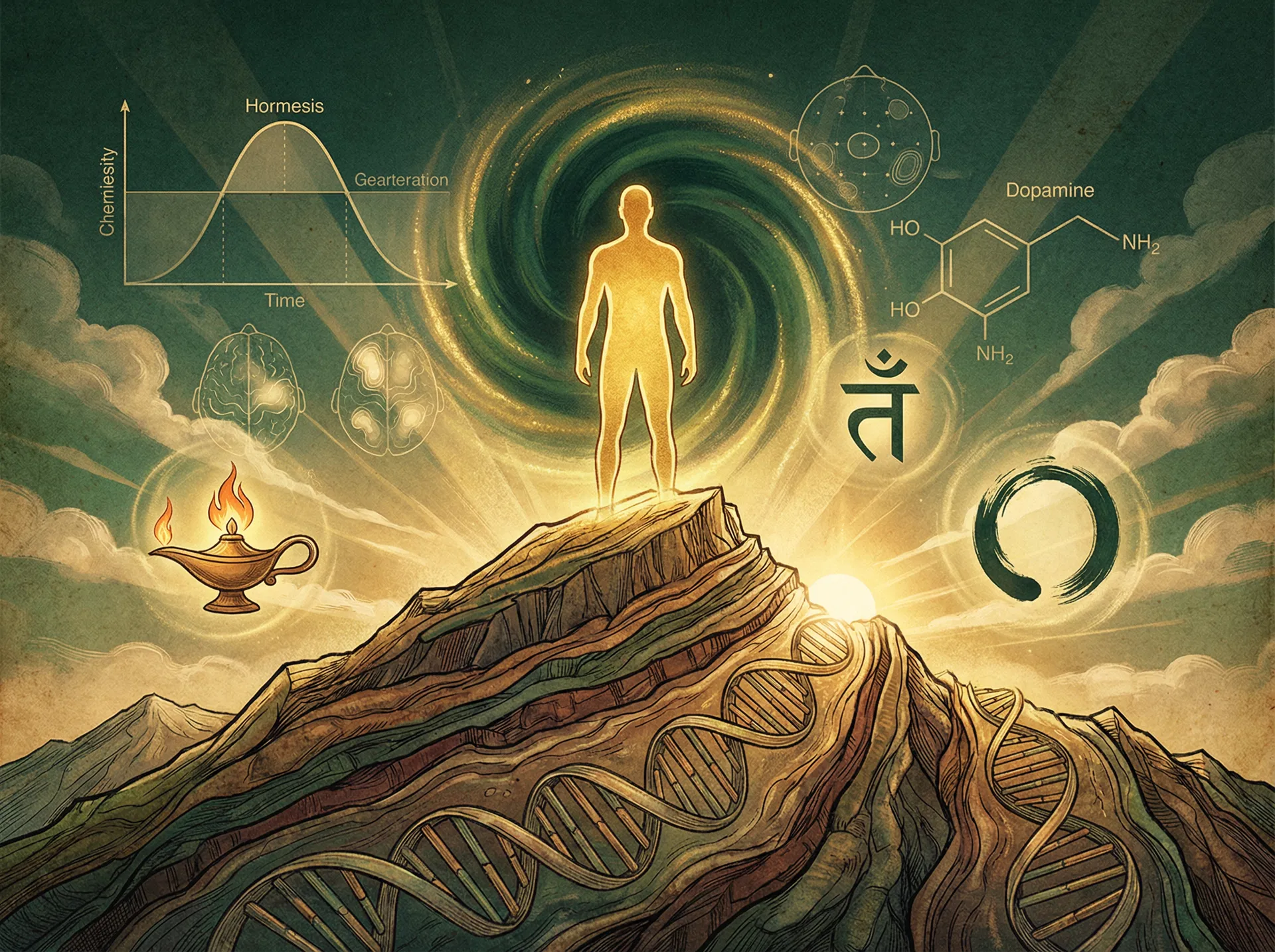 Discipline as life force — figure at mountain summit with hormesis and dopamine diagrams