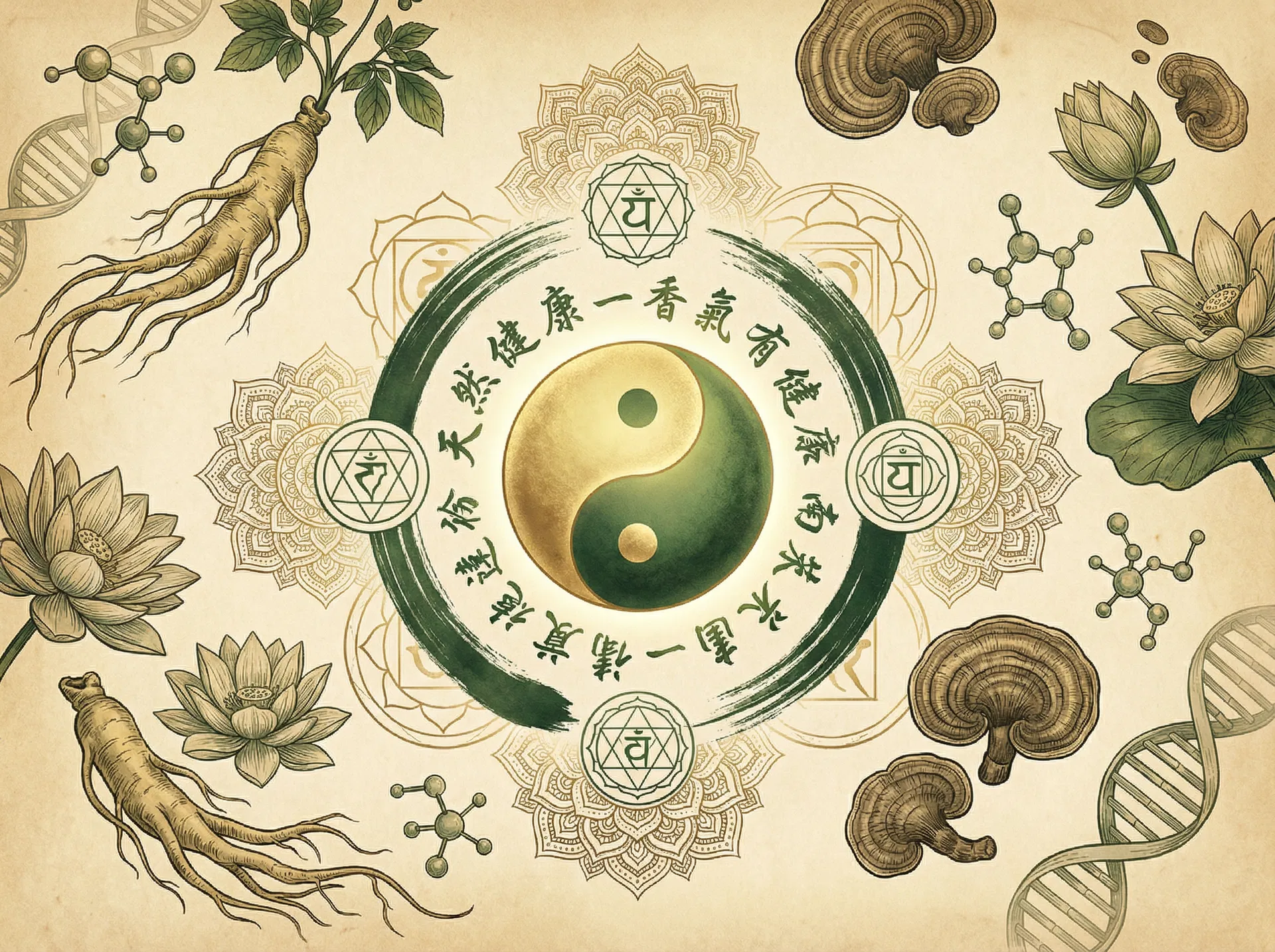 Eastern philosophy — yin yang, chakras, ginseng, lotus, and DNA