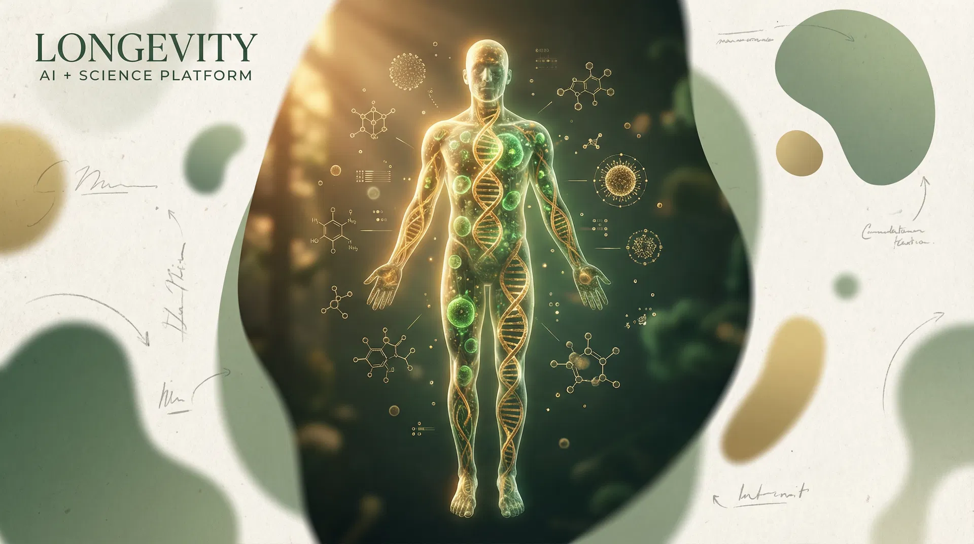 Human figure with DNA and cellular networks representing longevity science