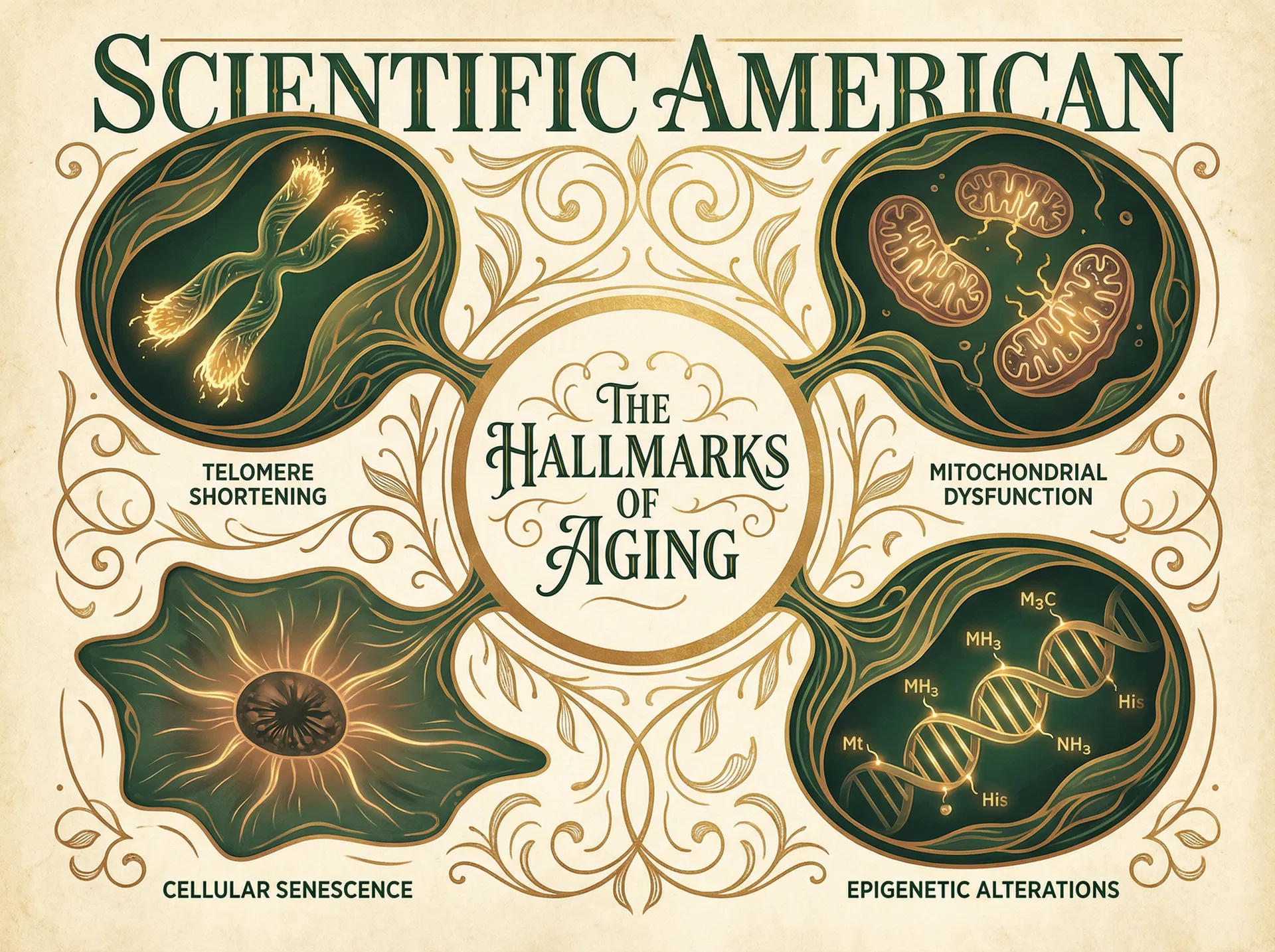 The Hallmarks of Aging — scientific illustration