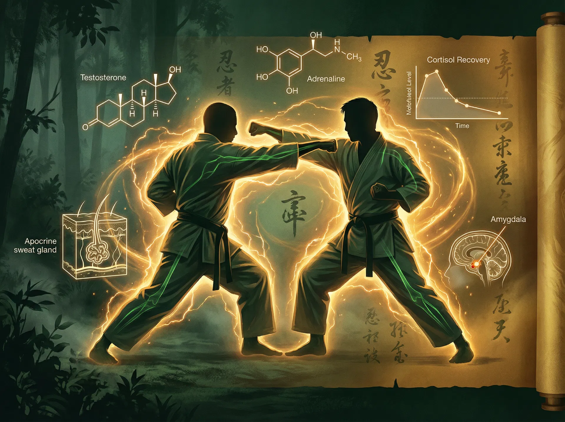 Martial arts sparring — primal fear sweat, testosterone, and aura energy