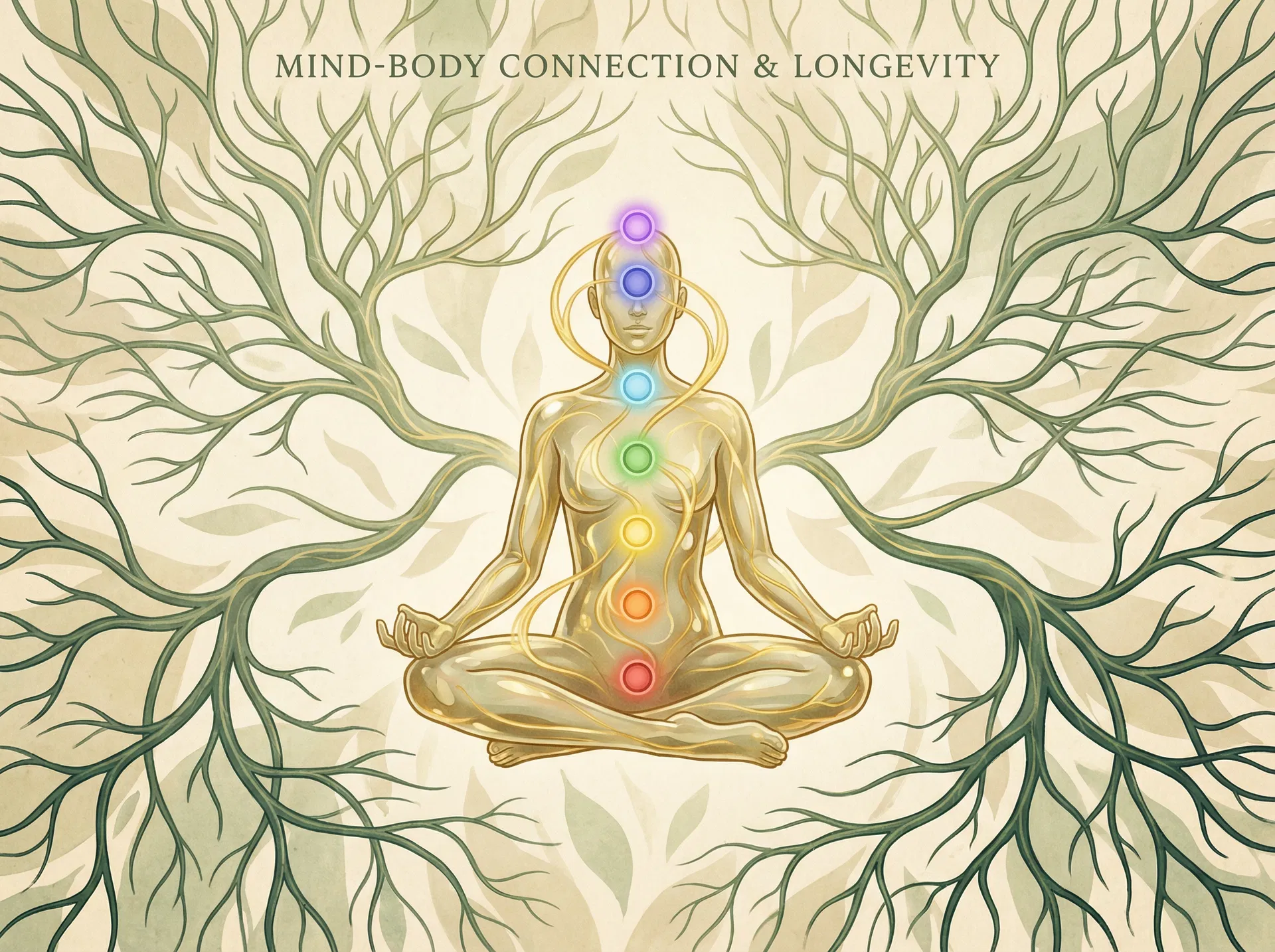 Meditating figure with chakra energy centers and neural tree roots