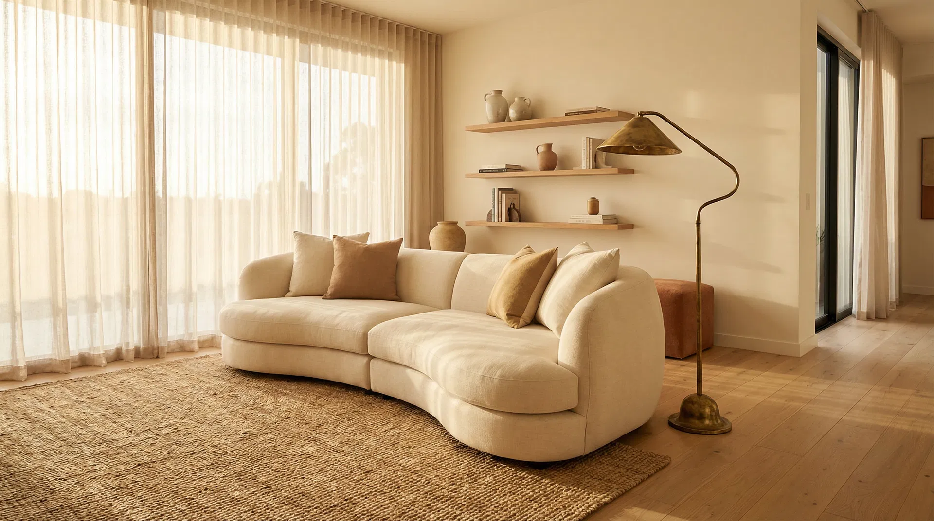 Living room com sofá curvo em linho