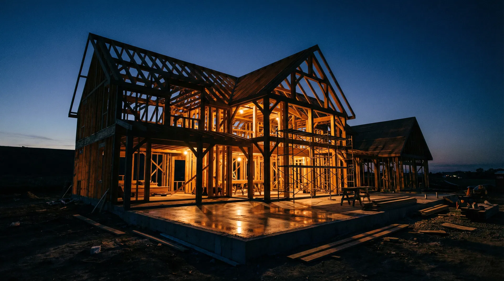 Home under construction at twilight