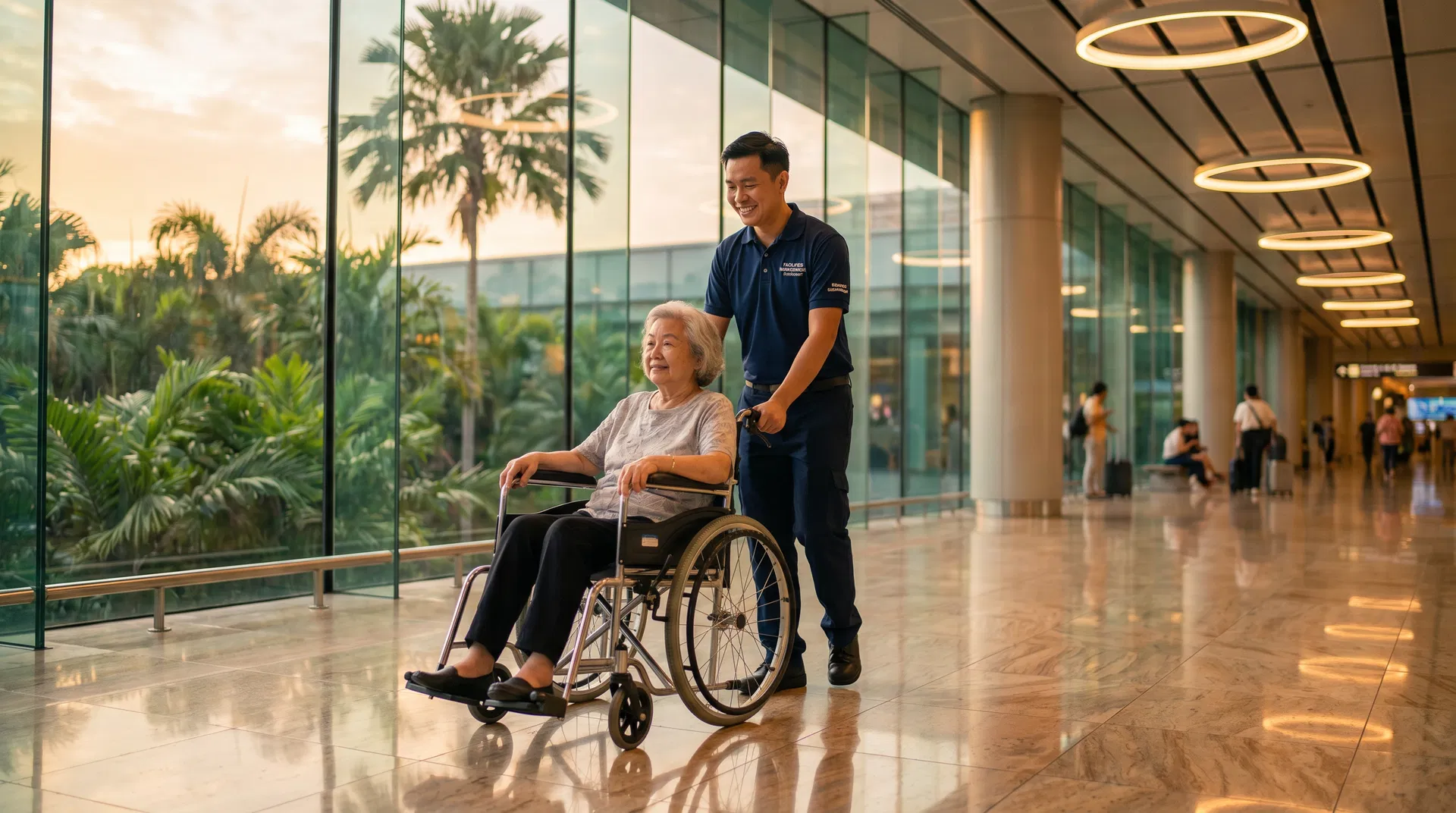 Raffles FM staff assisting a passenger in a wheelchair at Changi Airport