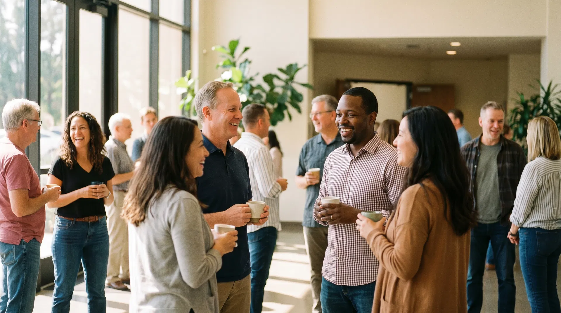 Diverse church community gathering in a bright lobby