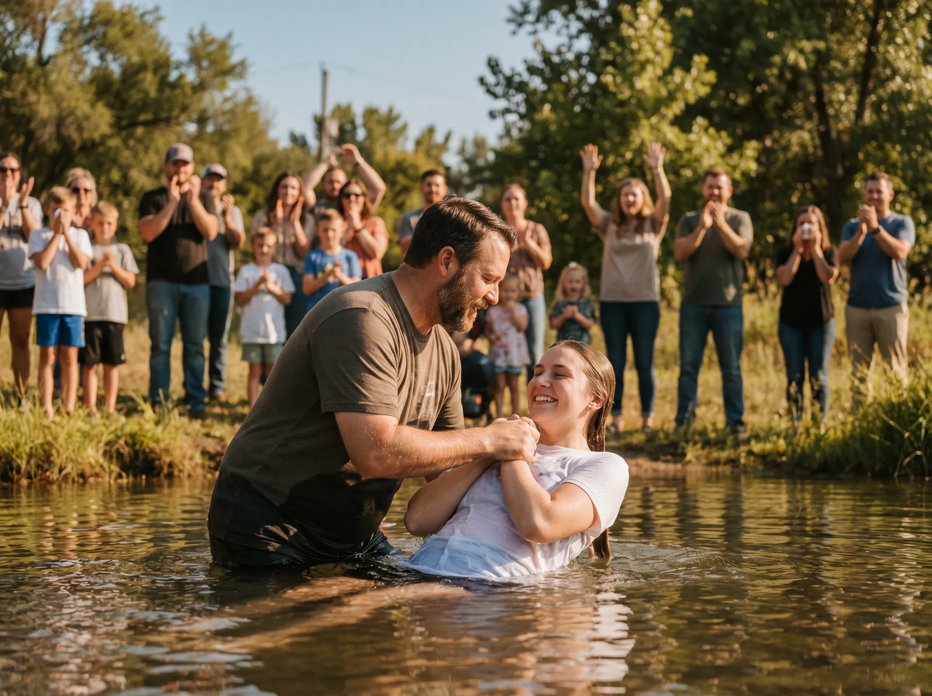 Joyful outdoor water baptism celebration
