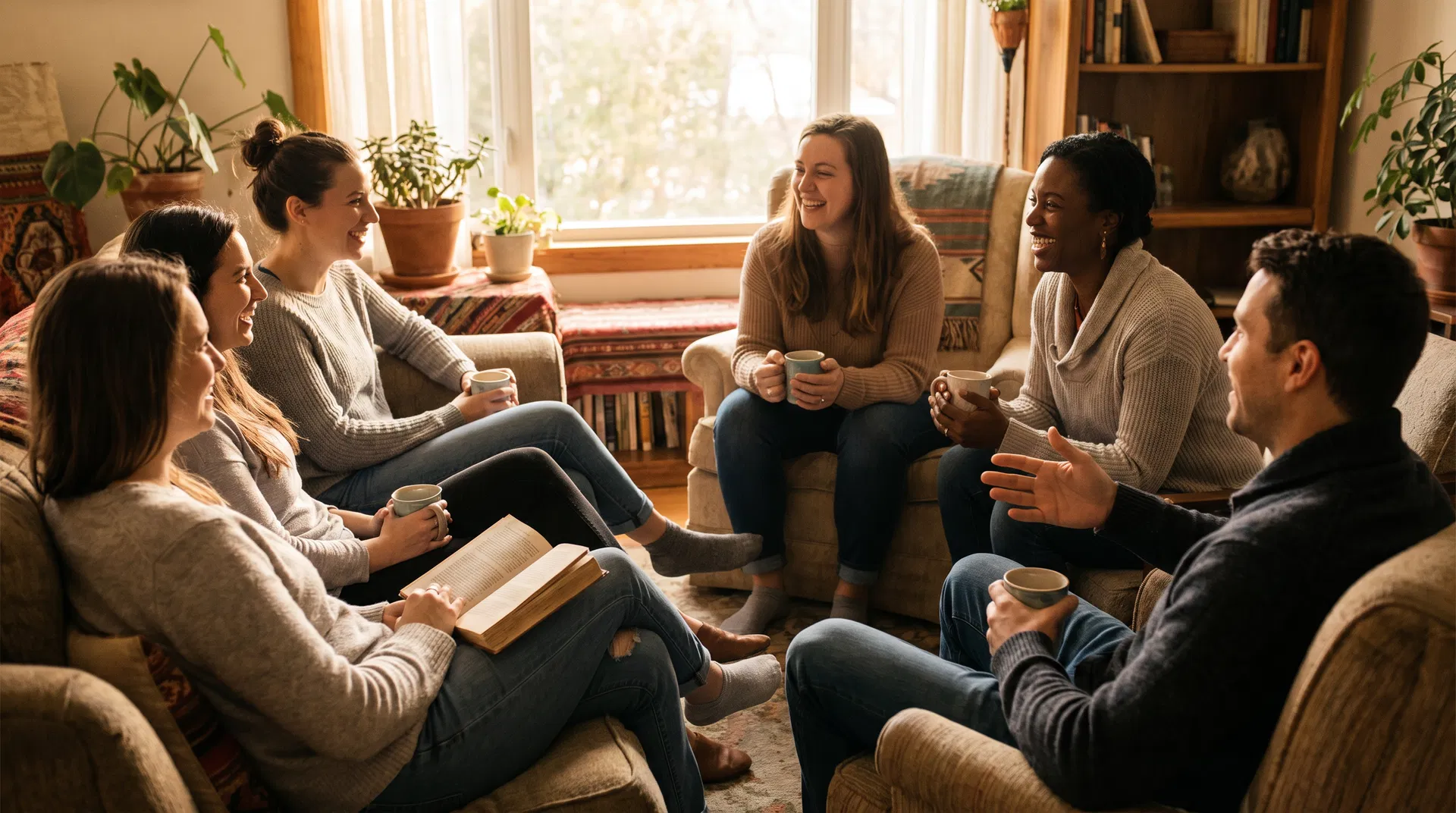 Diverse group of friends sharing coffee and conversation in a warm living room