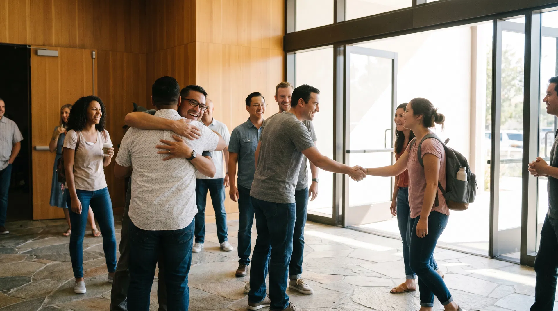 Welcoming church lobby with people greeting visitors