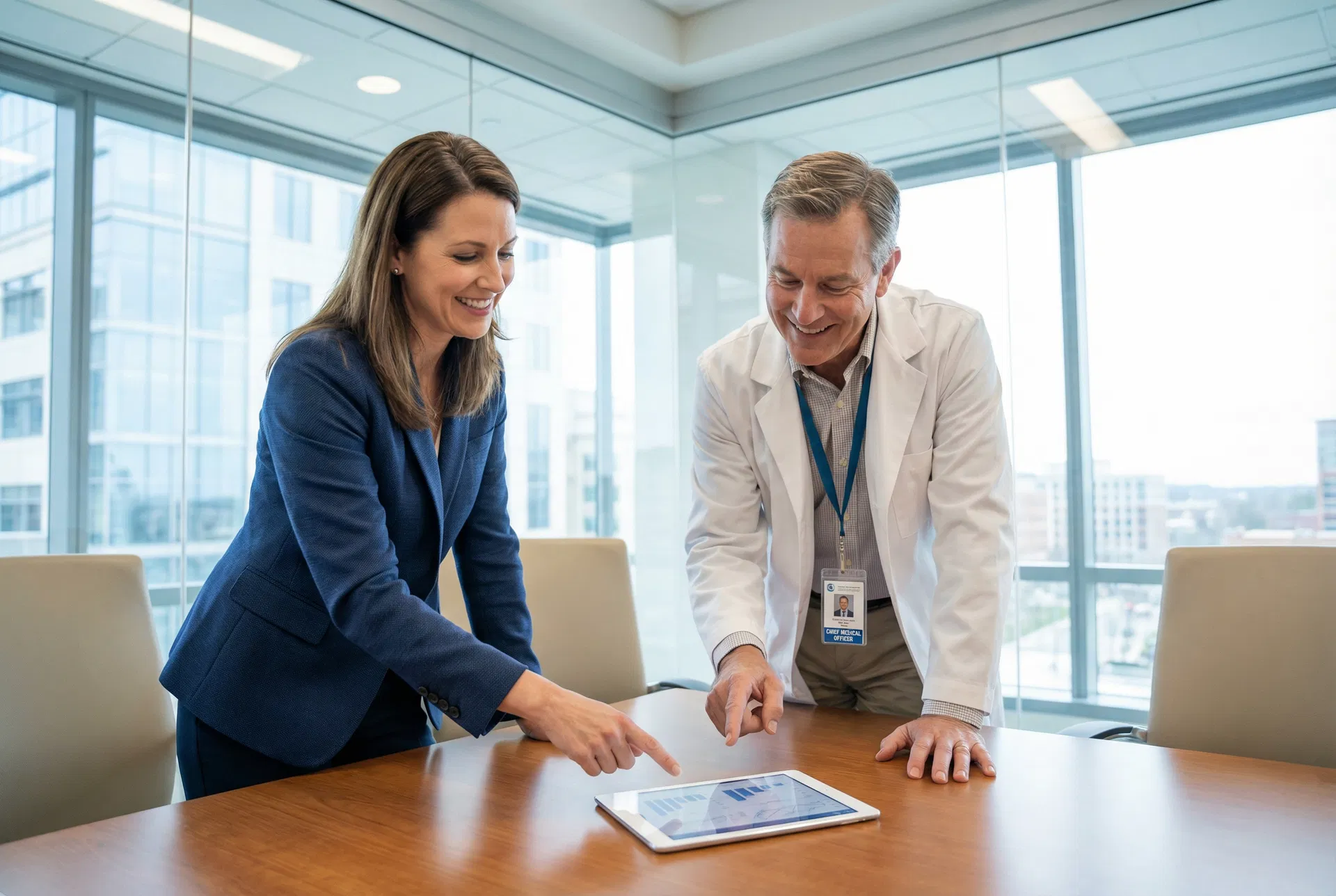 Hospital administrators reviewing staffing data