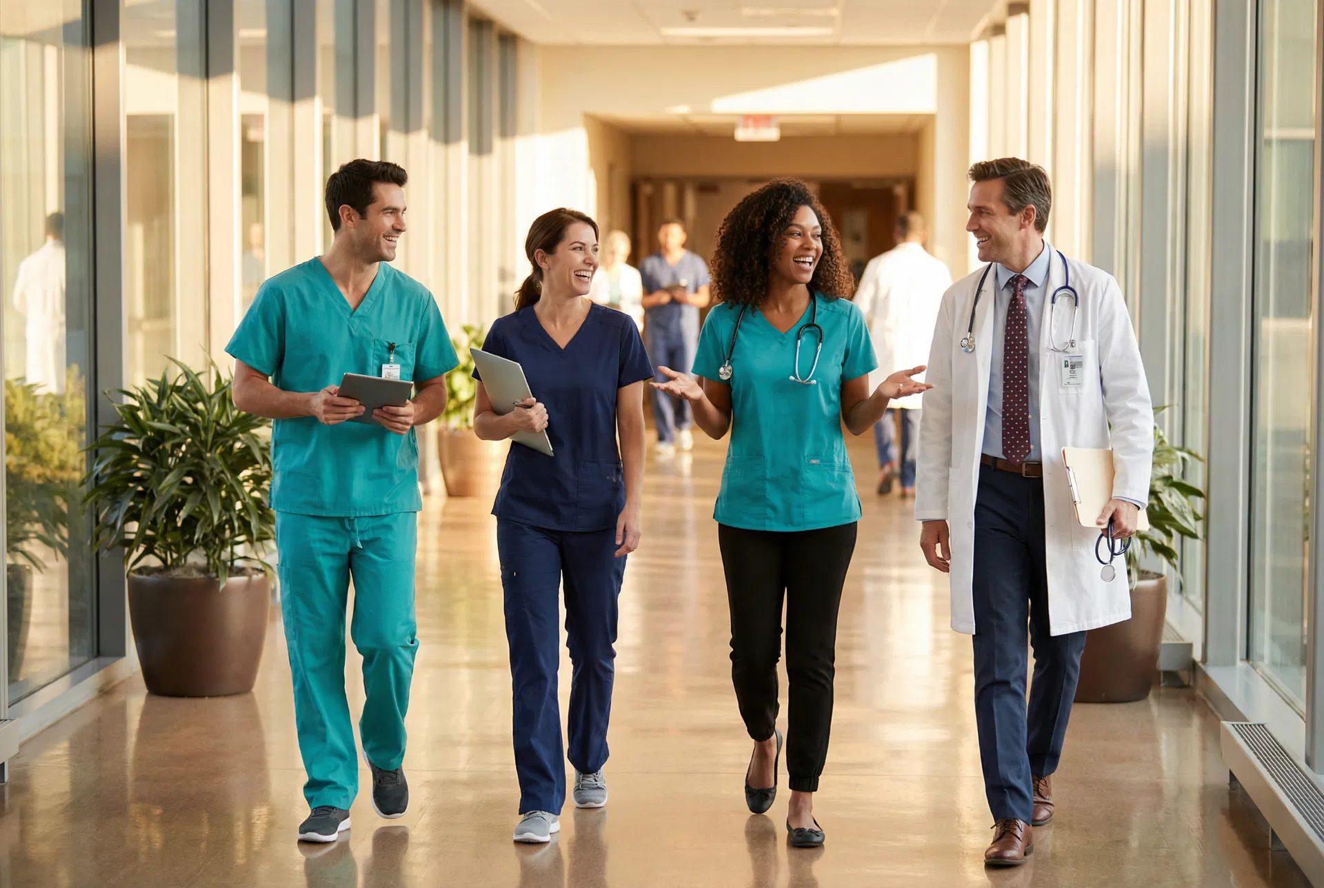 Diverse group of young physicians walking through a bright hospital hallway