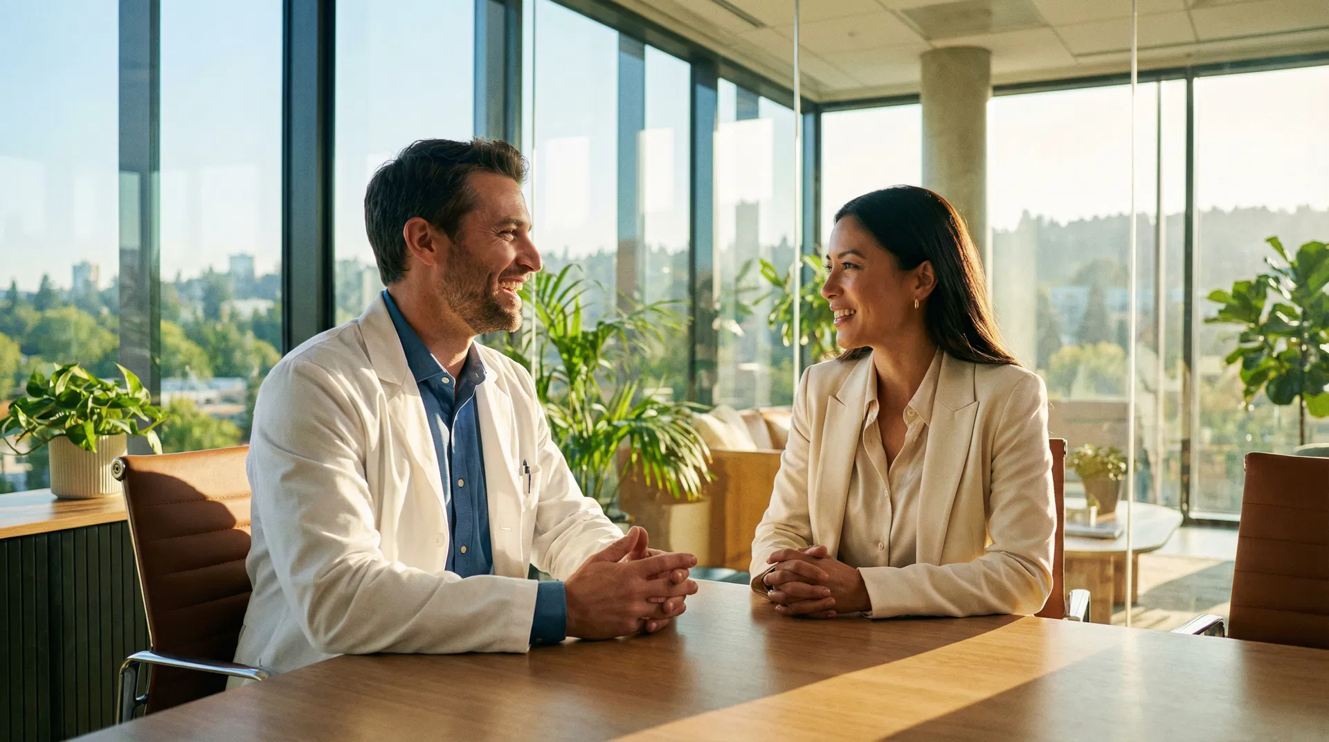 Physician and recruiter having a friendly consultation in a modern office