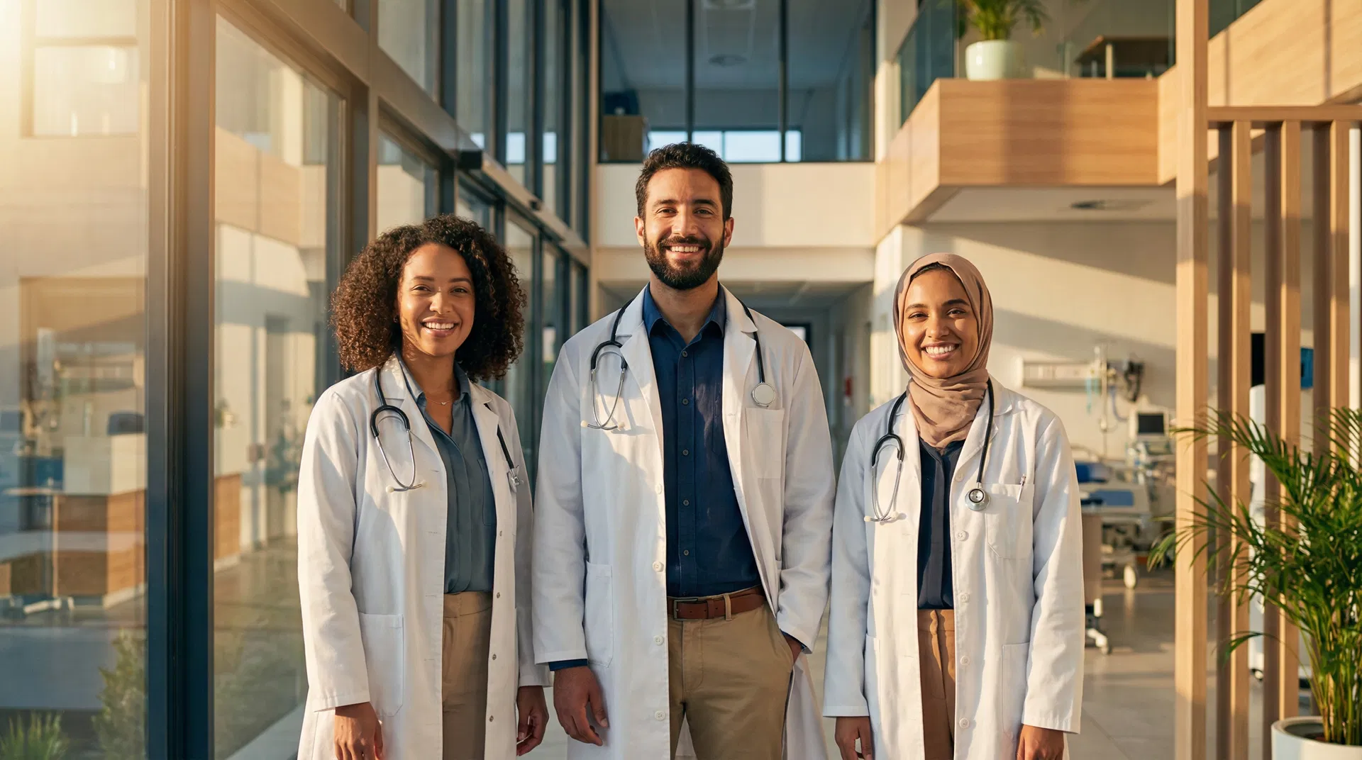 Diverse team of physicians smiling in a modern hospital