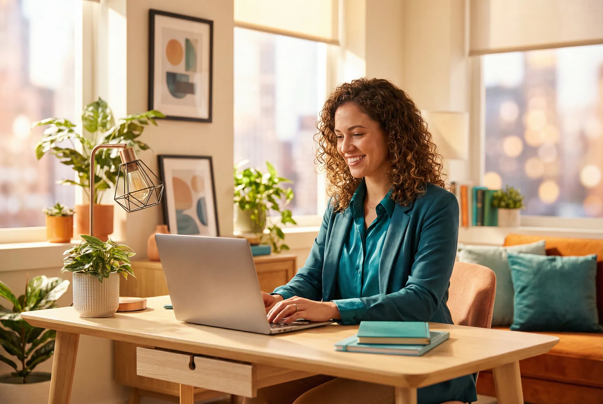 Young professional working on laptop in a bright modern office