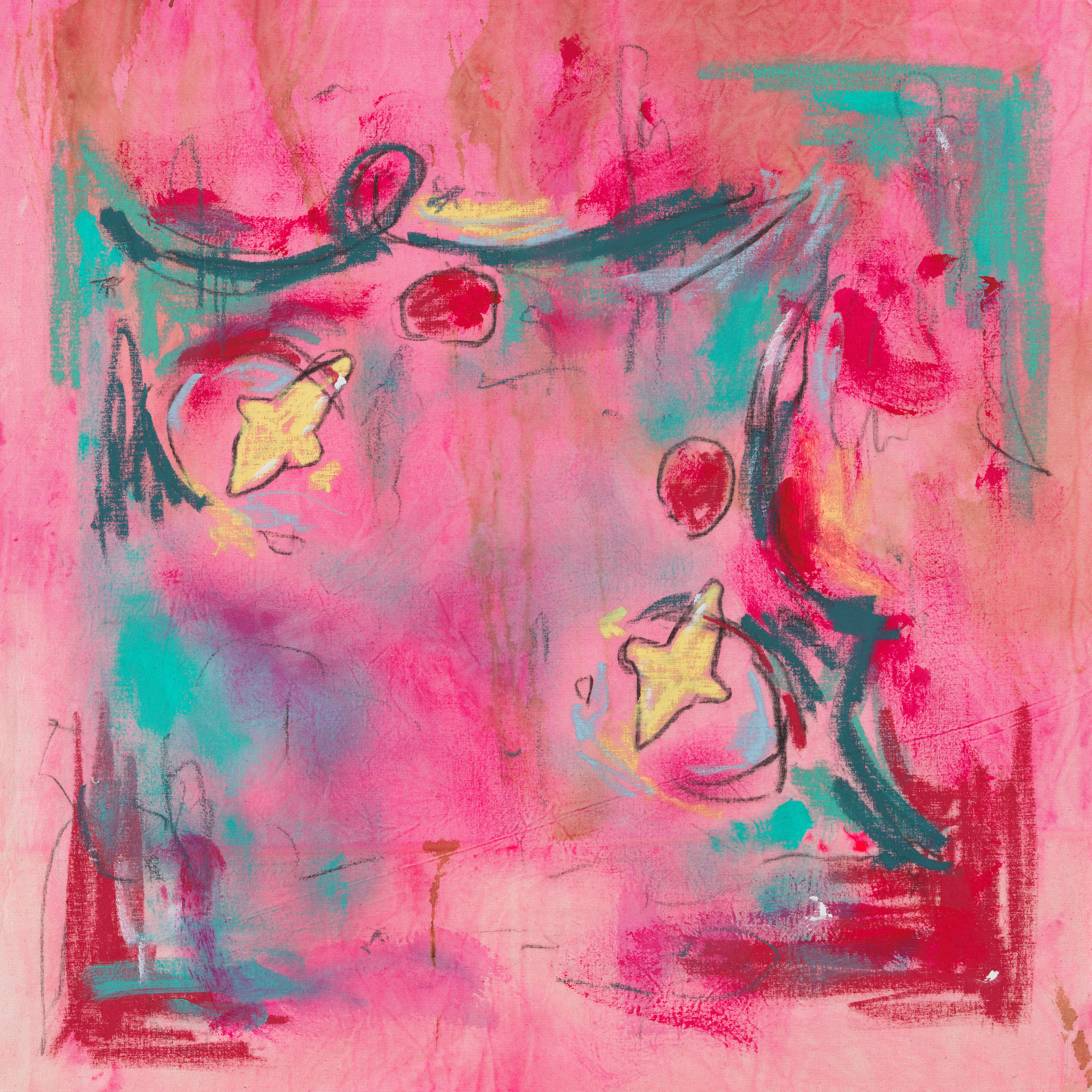 Pink Fabric - Sin Cara, 2023. Acrylic, charcoal and oil pastel on fabric. 64 x 64 cm.