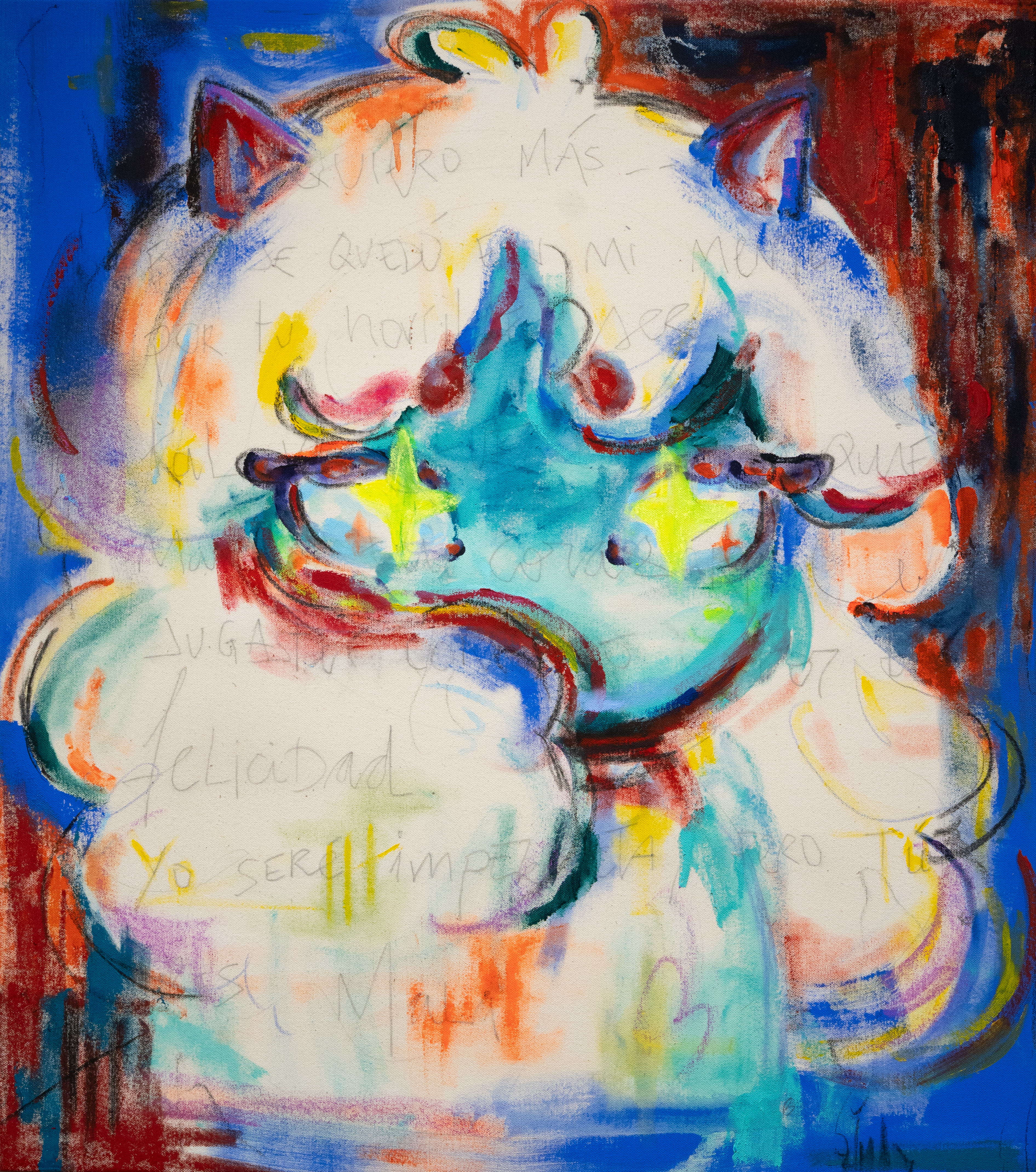 Mala, 2023. Acrylic and oil pastel on canvas. 86 x 76 cm.