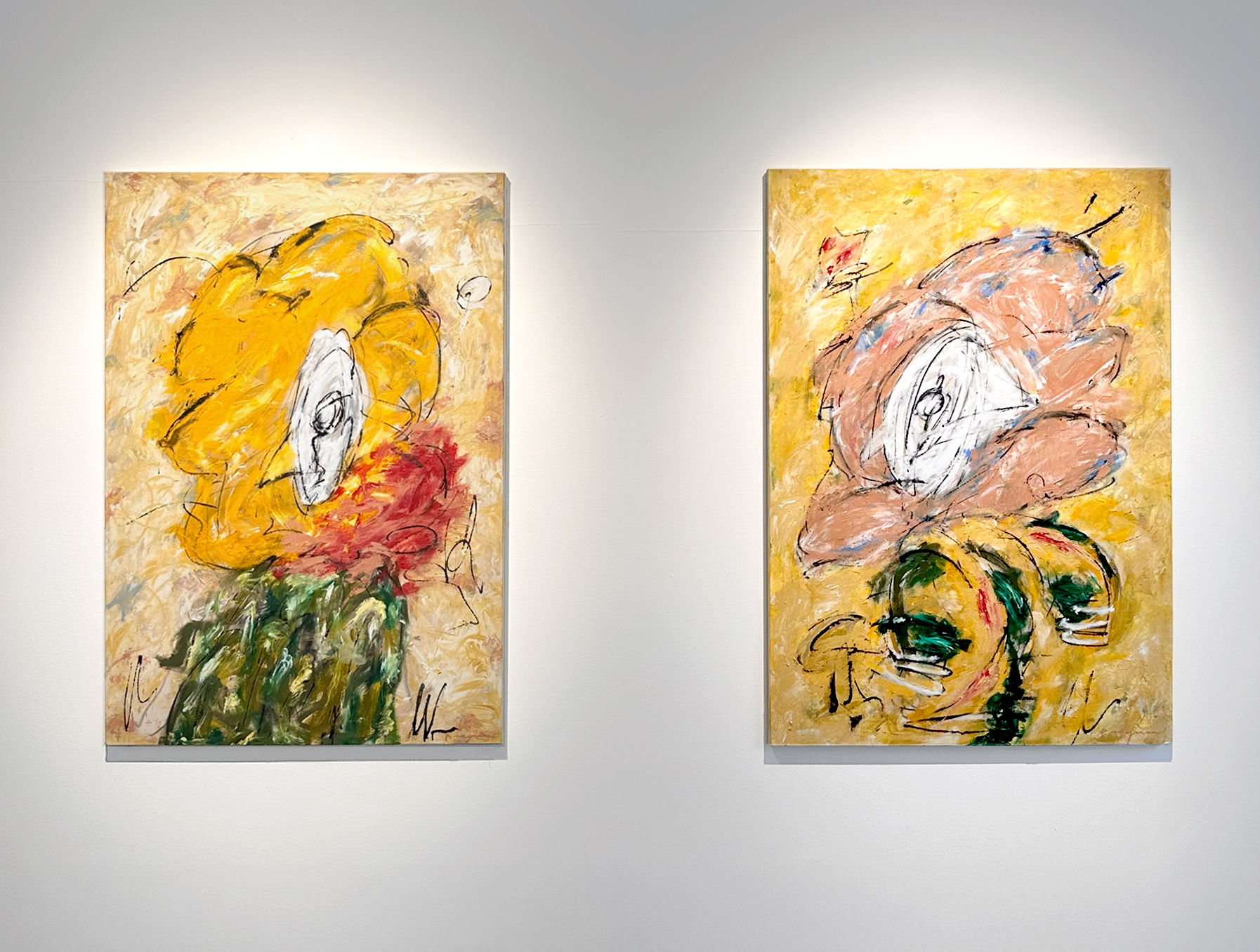 [Left] No estic al revés, però... (I'm Not Upside Down But…), [Right] Un pas exagerat (An Exaggerated Step), 2025. Oil, spray paint and charcoal on canvas. 130 x 89 cm.
