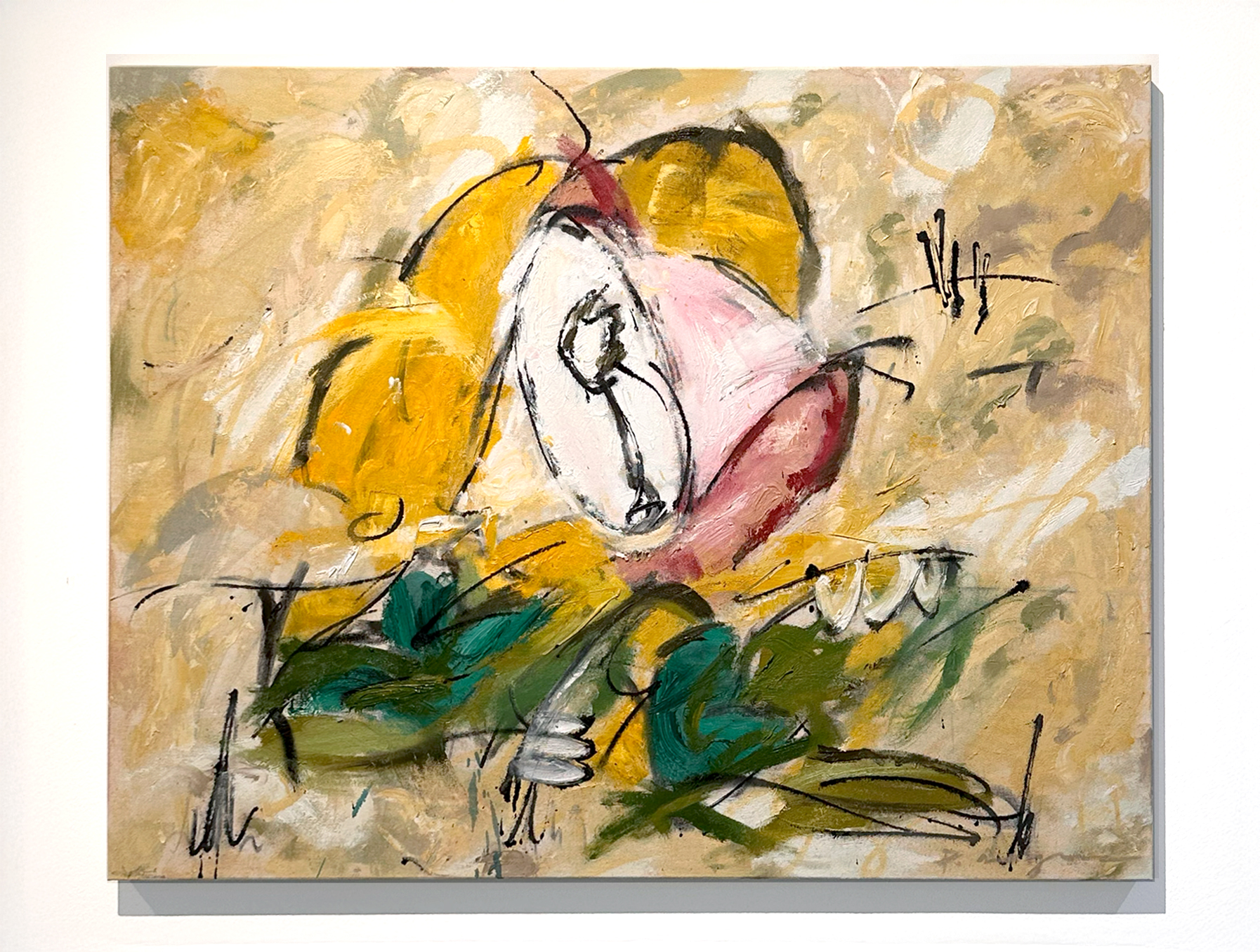 Embloic observant (Observevd Mess), 2025. Oil, spray paint and charcoal on canvas. 73 x 92 cm.