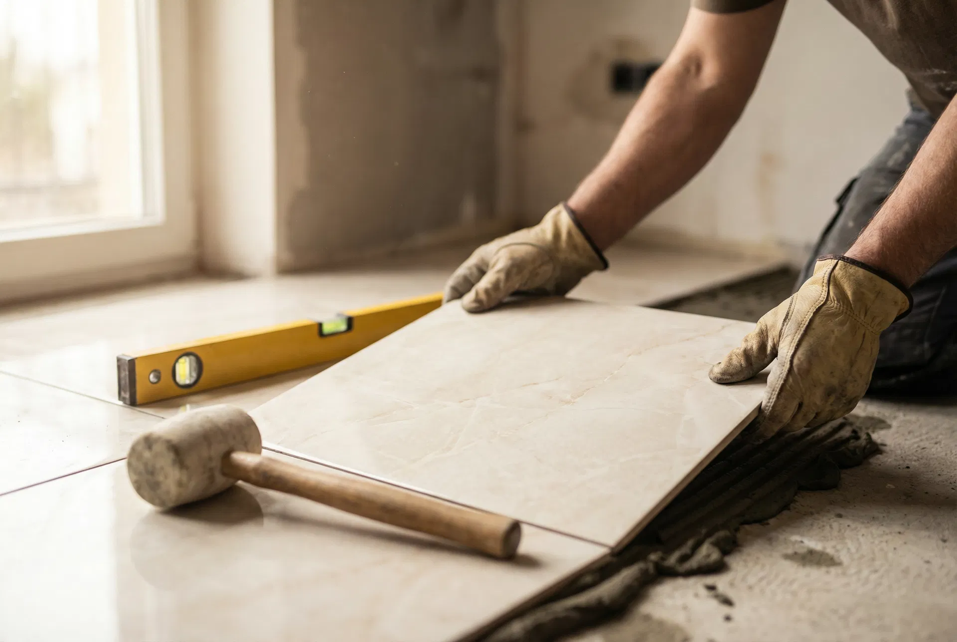 Artisan carreleur au travail