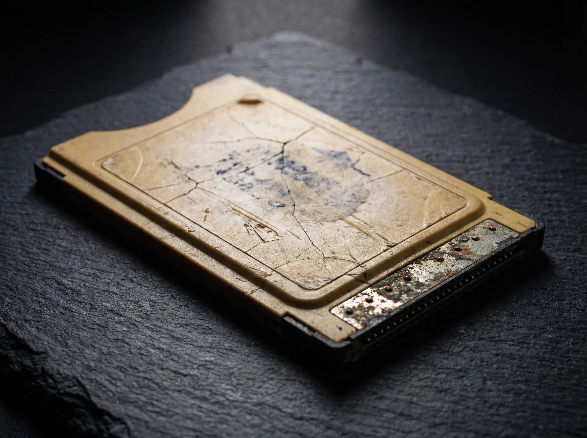 Cracked, yellowed 1990s OEM PCMCIA aviation data card