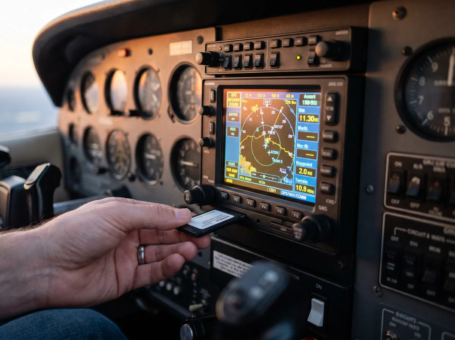 Inserting NavCard GPS data card into GNS 530 avionics in cockpit