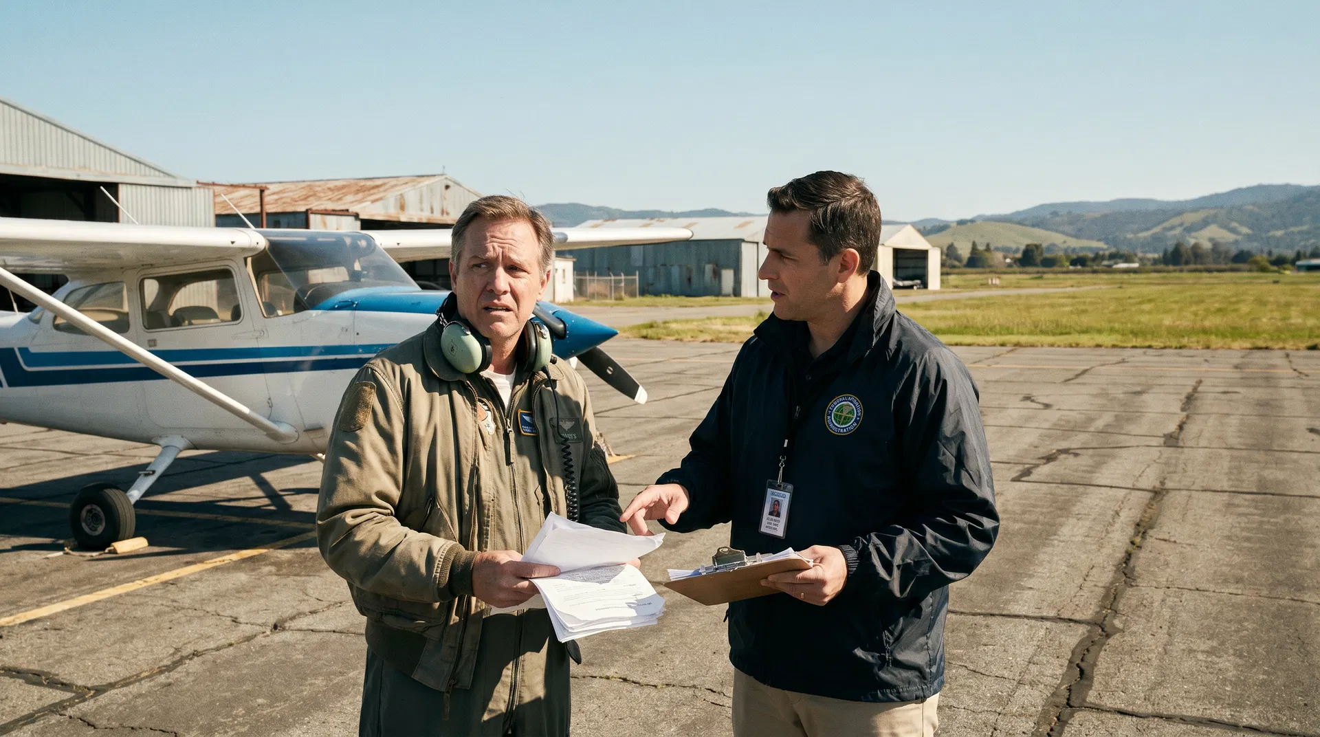 FAA ramp inspector reviewing documents with a nervous pilot beside a Cessna on the tarmac