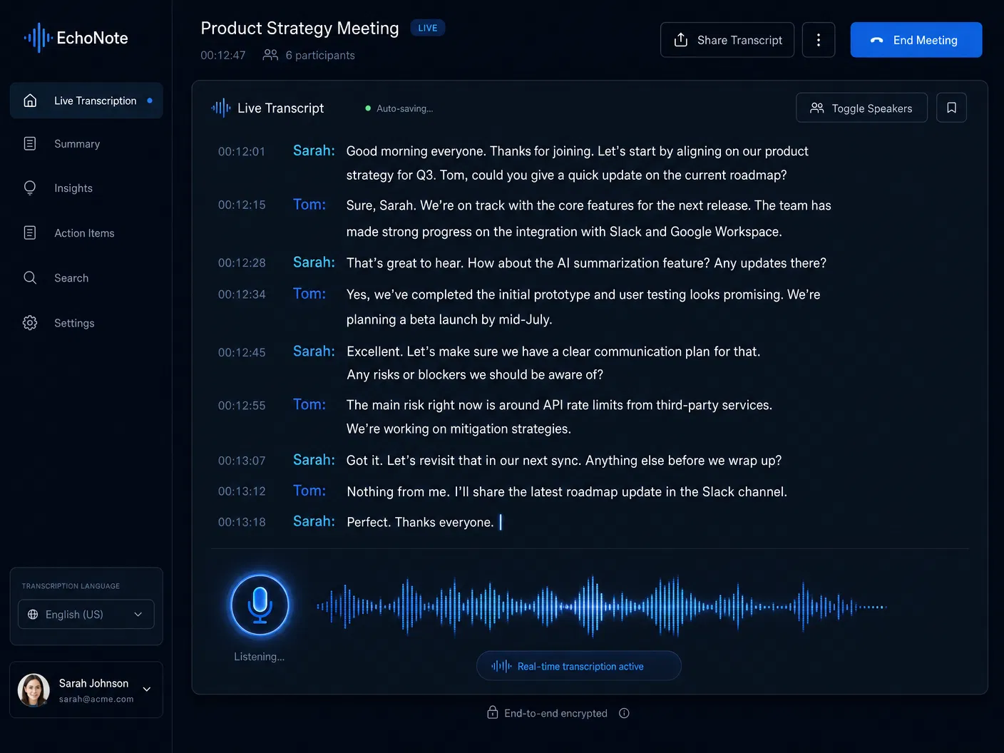 Live transcription interface